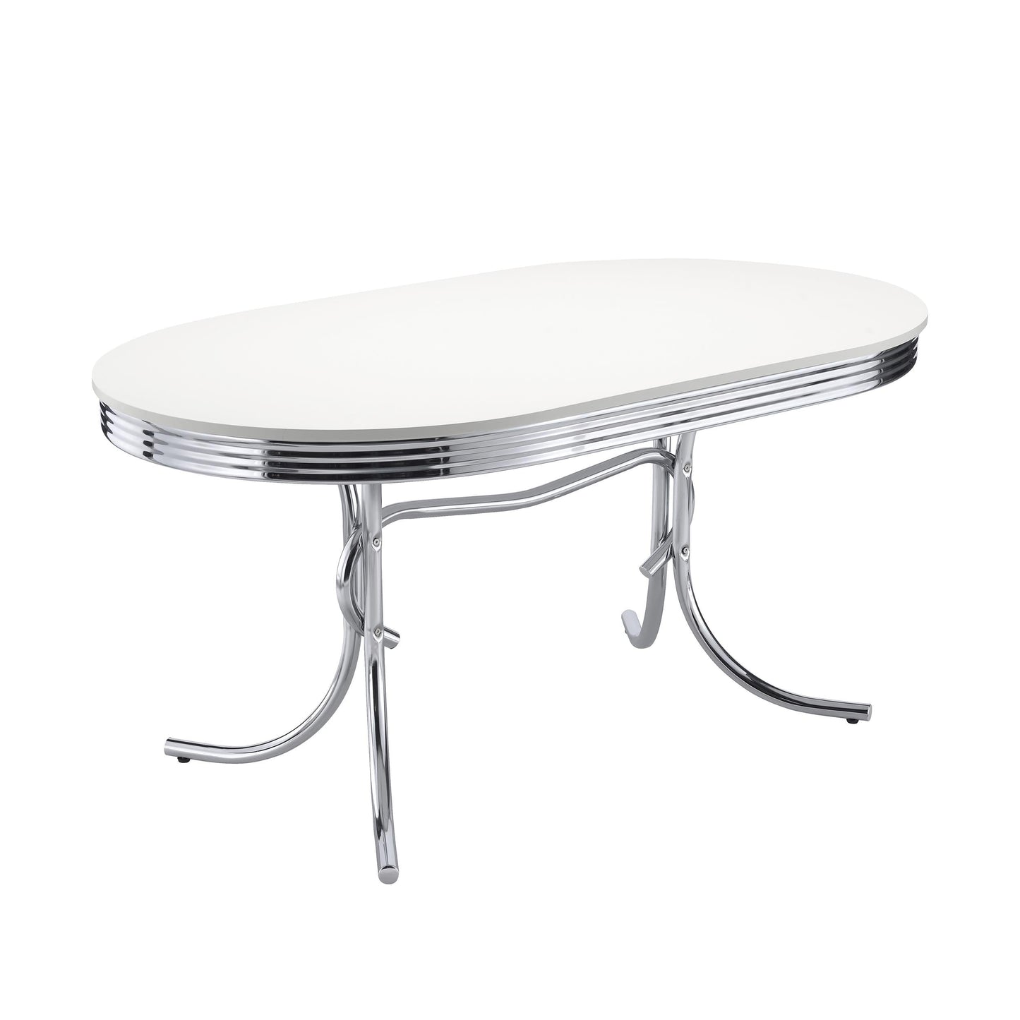 Table de salle à manger ovale rétro, blanc brillant et chrome.