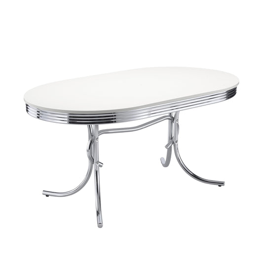 Table de salle à manger ovale rétro, blanc brillant et chrome.