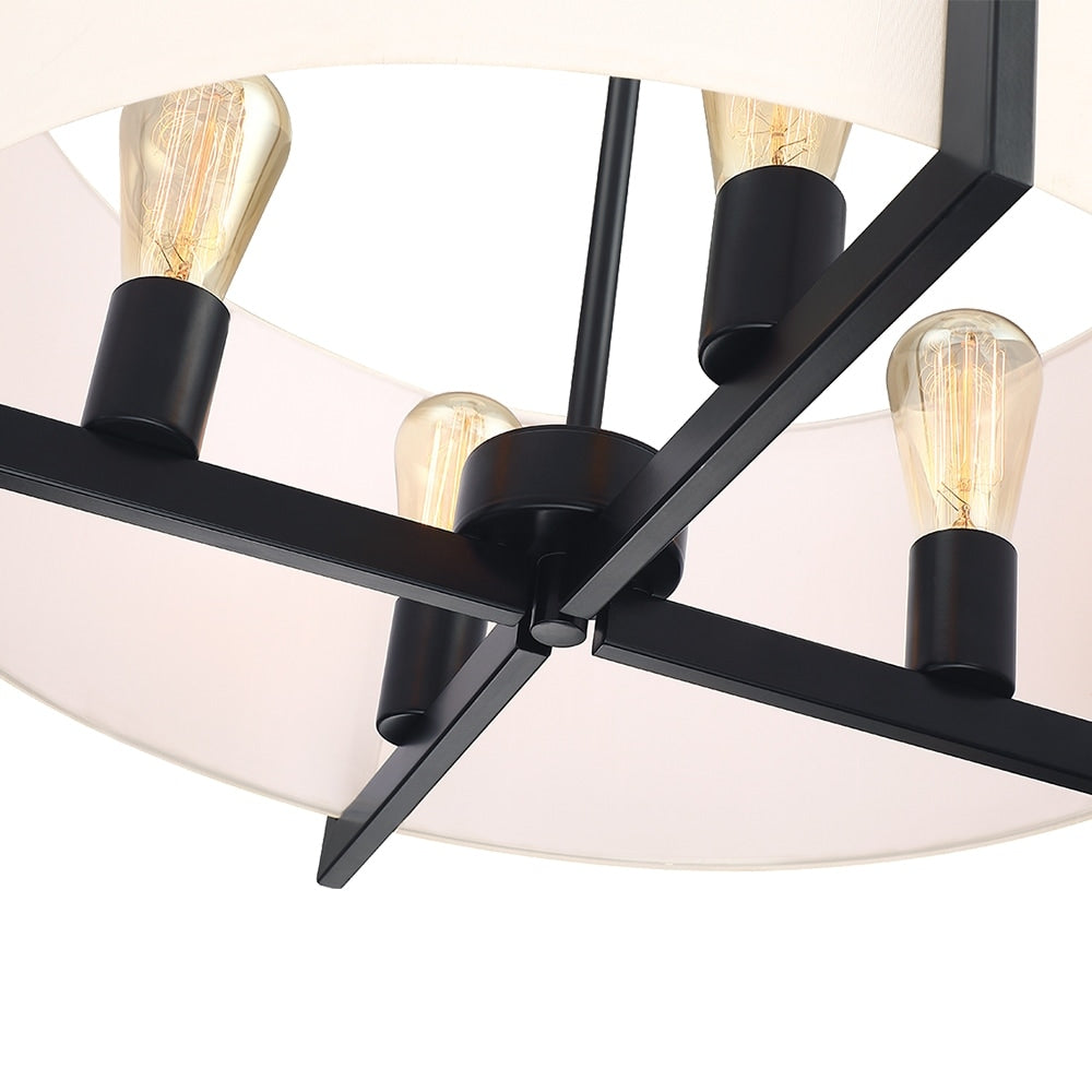 Suspension lumineuse en forme de lustre à 4 lumières, 56 cm (22 po), noir mat, avec abat-jour blanc en forme de tambour - 22 W