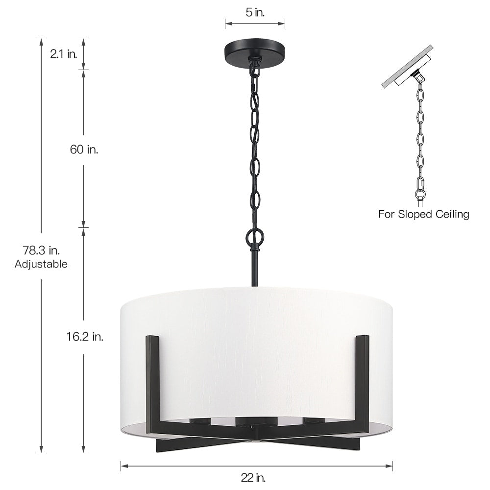 Suspension lumineuse en forme de lustre à 4 lumières, 56 cm (22 po), noir mat, avec abat-jour blanc en forme de tambour - 22 W