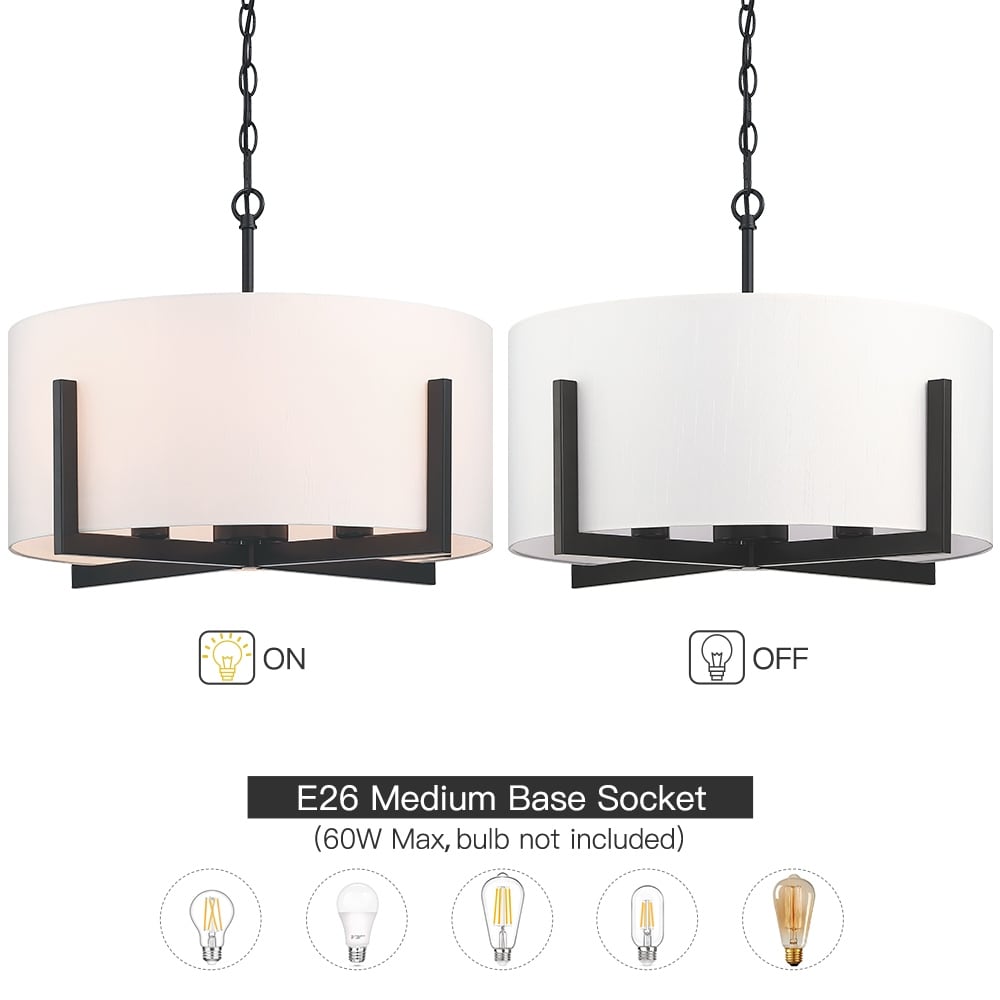 Suspension lumineuse en forme de lustre à 4 lumières, 56 cm (22 po), noir mat, avec abat-jour blanc en forme de tambour - 22 W