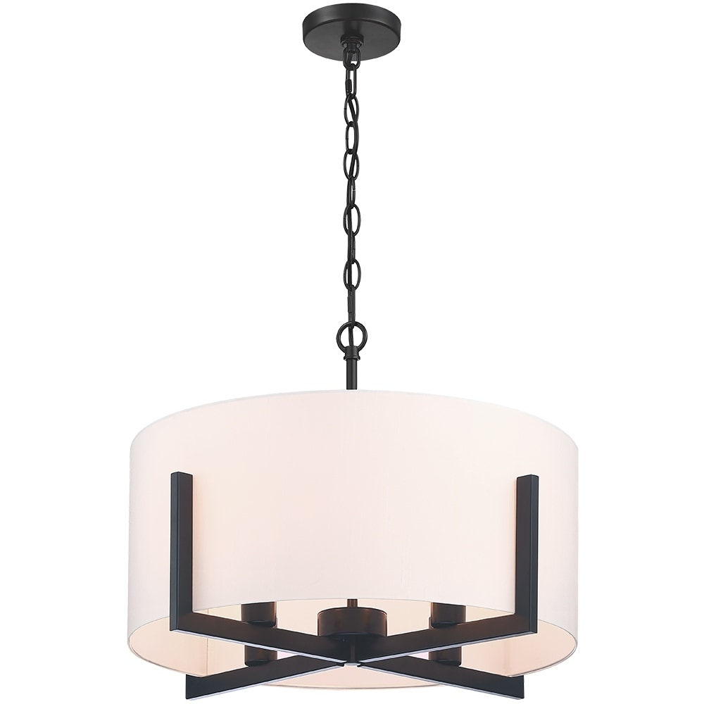 Suspension lumineuse en forme de lustre à 4 lumières, 56 cm (22 po), noir mat, avec abat-jour blanc en forme de tambour - 22 W