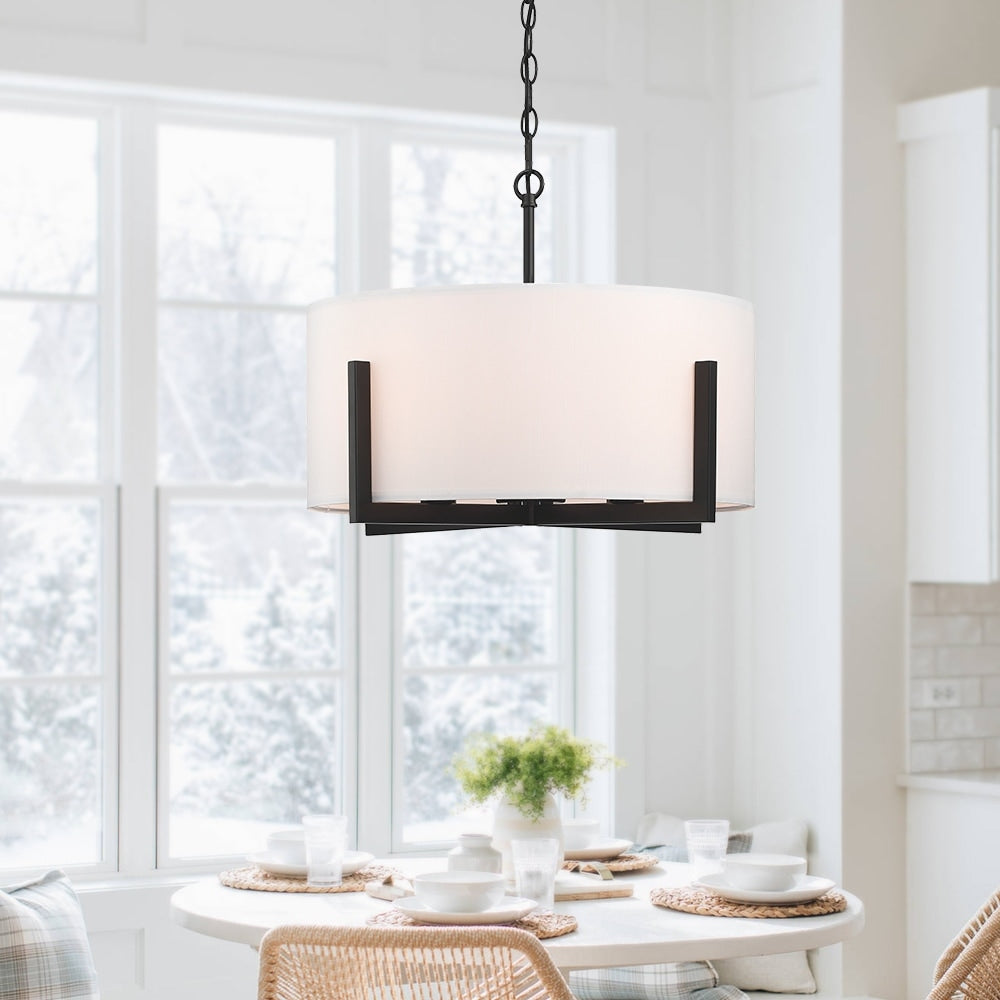 Suspension lumineuse en forme de lustre à 4 lumières, 56 cm (22 po), noir mat, avec abat-jour blanc en forme de tambour - 22 W