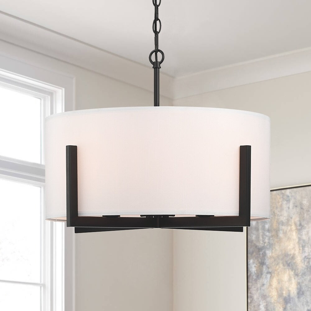 Suspension lumineuse en forme de lustre à 4 lumières, 56 cm (22 po), noir mat, avec abat-jour blanc en forme de tambour - 22 W