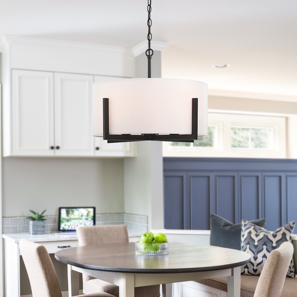 Suspension lumineuse en forme de lustre à 4 lumières, 56 cm (22 po), noir mat, avec abat-jour blanc en forme de tambour - 22 W