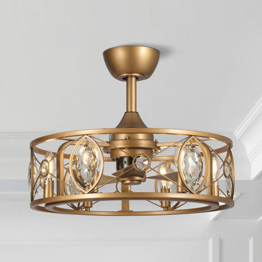 Ventilateur de plafond avec abat-jour en cristal moderne, cage et télécommande (22 pouces)