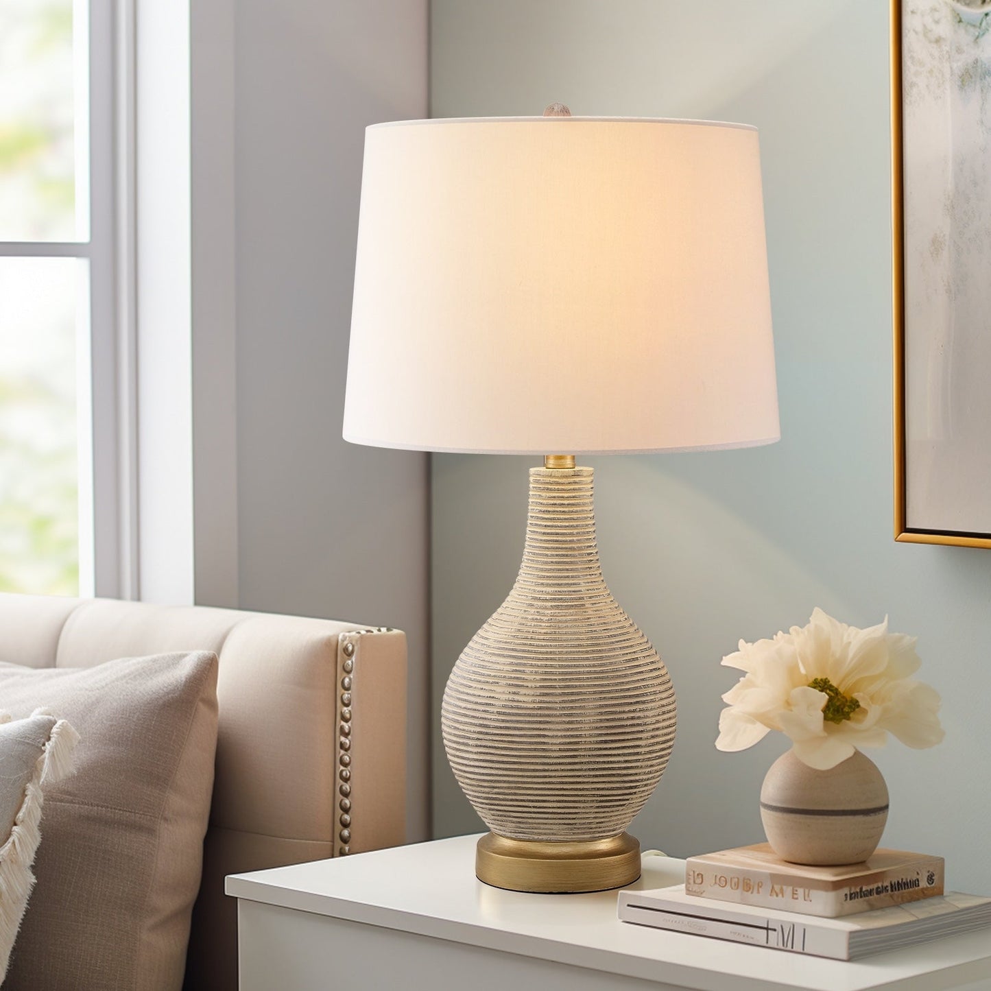 Lampe de table de style farmhouse de 62 cm (24,5 pouces) en beige lavé/doré avec abat-jour en lin blanc (lot de 2) - 62 cm (24,5 pouces) de hauteur