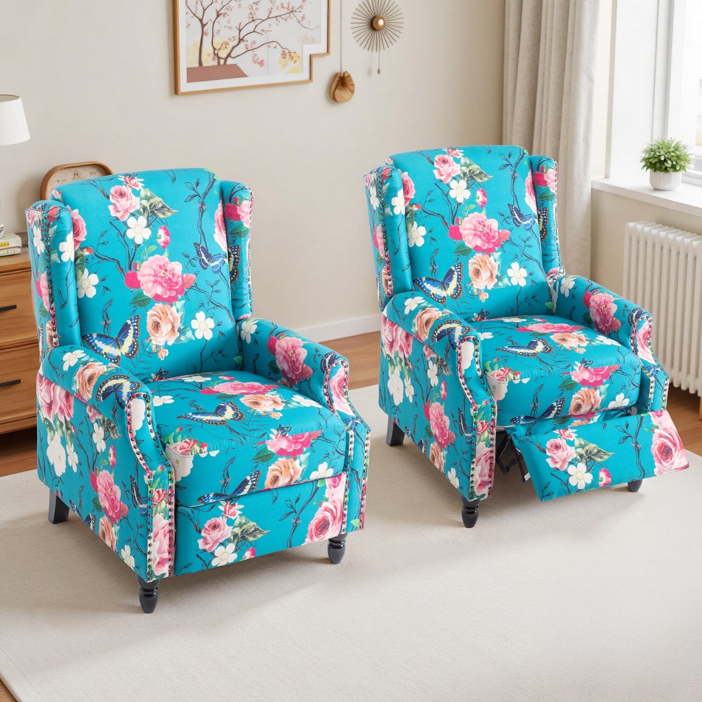 Lot de 2 chaises inclinables à dossier manuel à motif floral vintage, 73,6 cm de largeur.