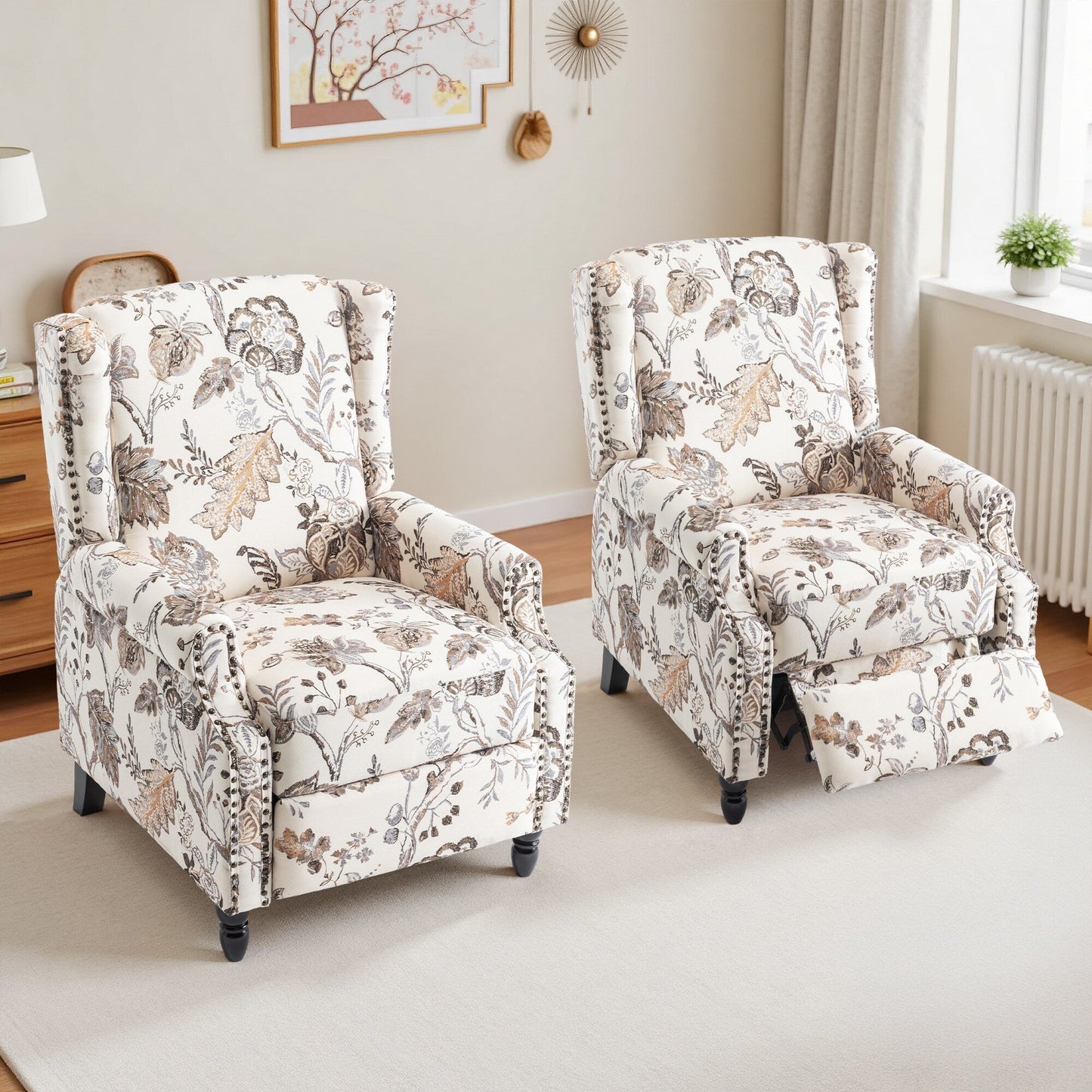 Lot de 2 chaises inclinables à dossier manuel à motif floral vintage, 73,6 cm de largeur.