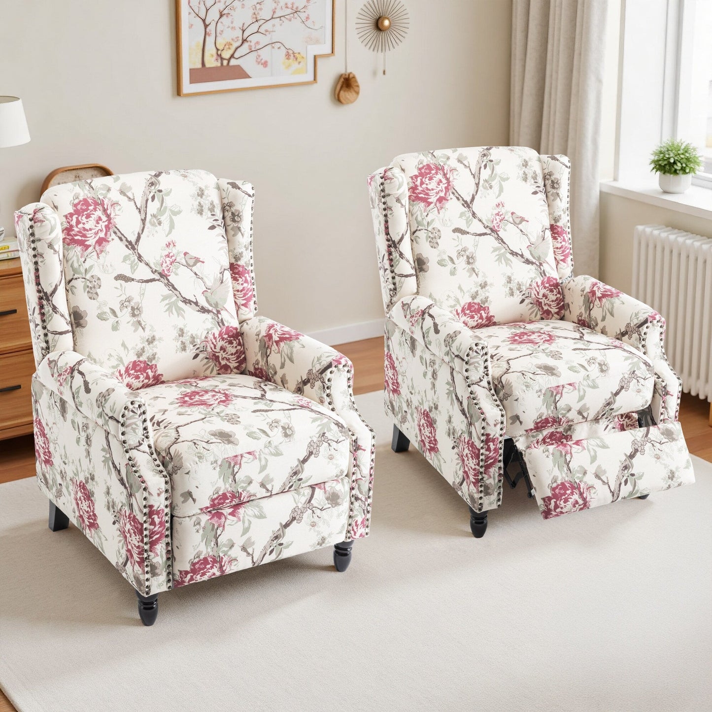 Lot de 2 chaises inclinables à dossier manuel à motif floral vintage, 73,6 cm de largeur.
