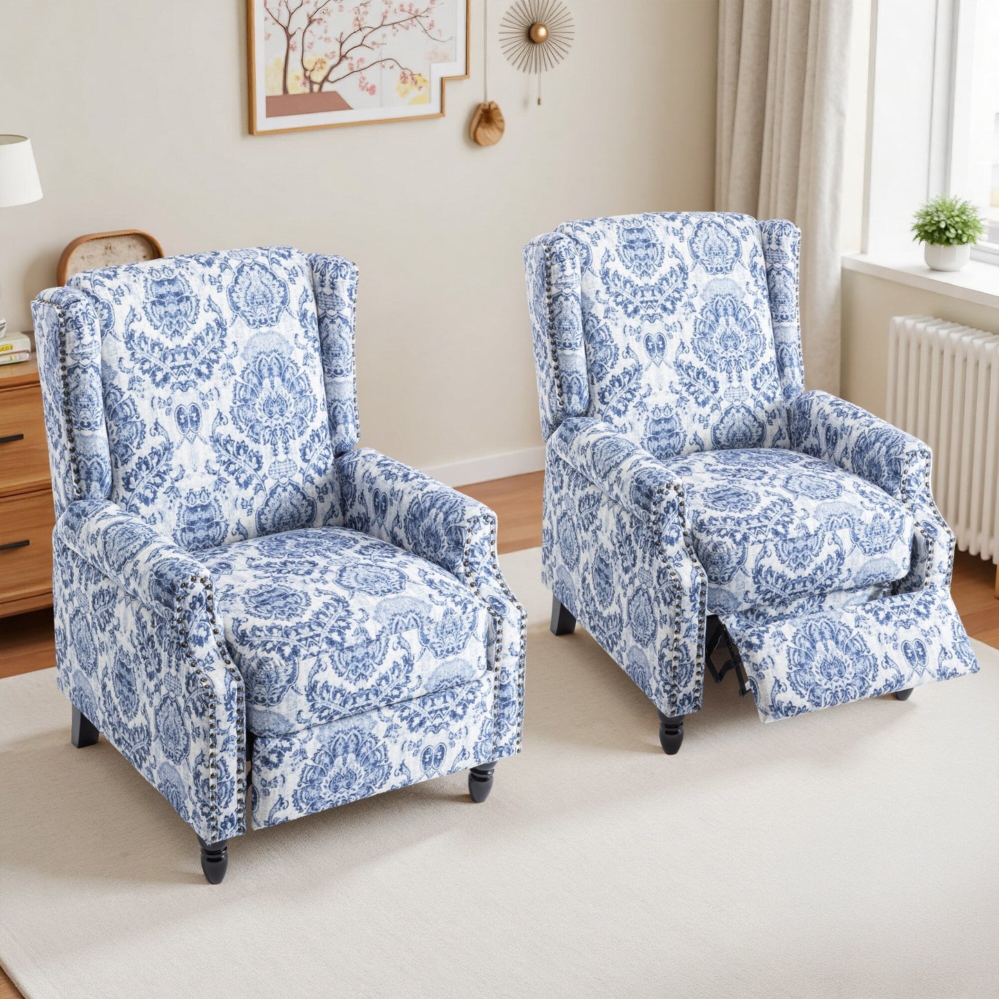 Lot de 2 chaises inclinables à dossier manuel à motif floral vintage, 73,6 cm de largeur.