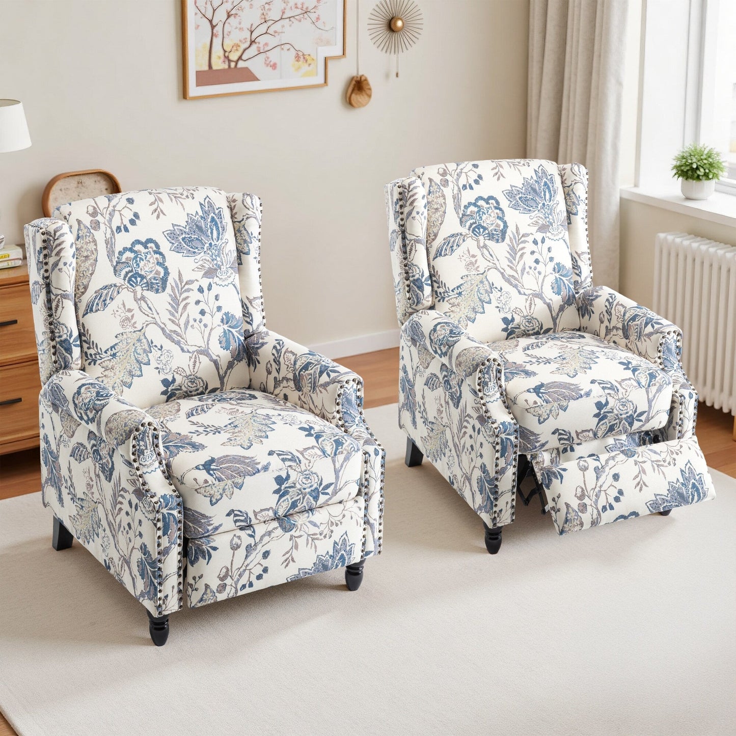 Lot de 2 chaises inclinables à dossier manuel à motif floral vintage, 73,6 cm de largeur.