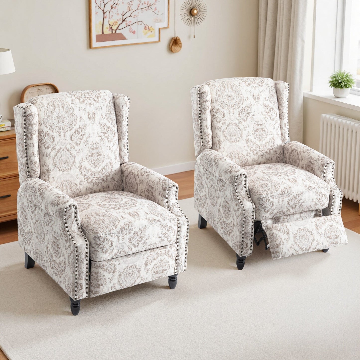 Lot de 2 chaises inclinables à dossier manuel à motif floral vintage, 73,6 cm de largeur.