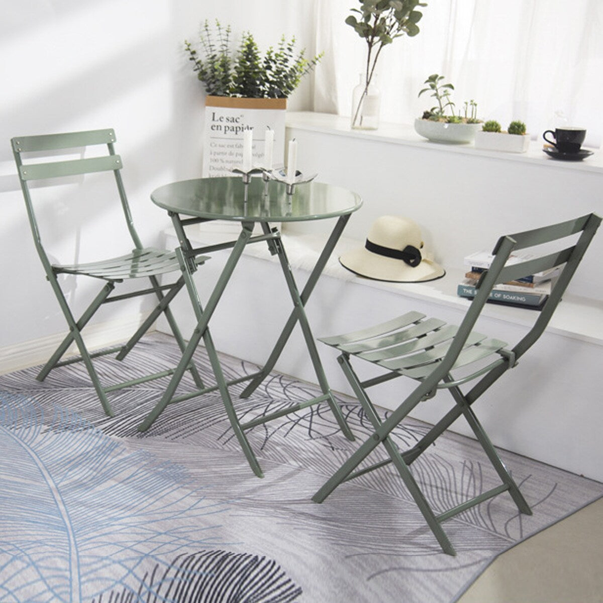 Ensemble de bistro de terrasse minimaliste 3 pièces, composé d'une table ronde et de chaises pliantes - Ensemble-de-bistro-de-terrasse-3-pieces