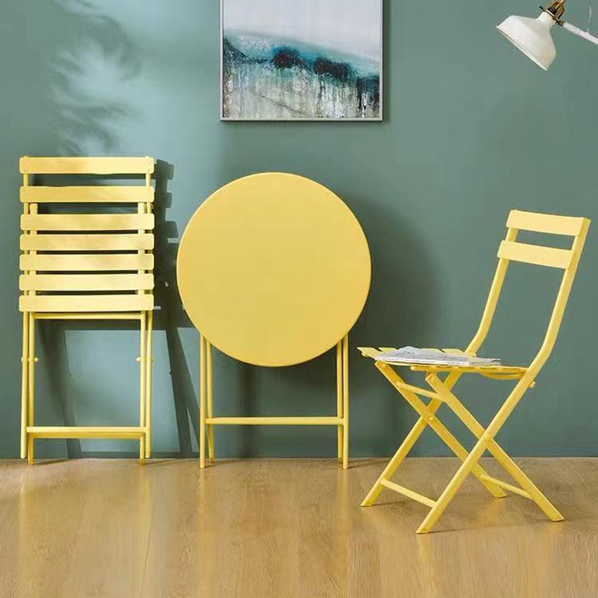 Ensemble de bistro de terrasse minimaliste 3 pièces, composé d'une table ronde et de chaises pliantes - Ensemble-de-bistro-de-terrasse-3-pieces
