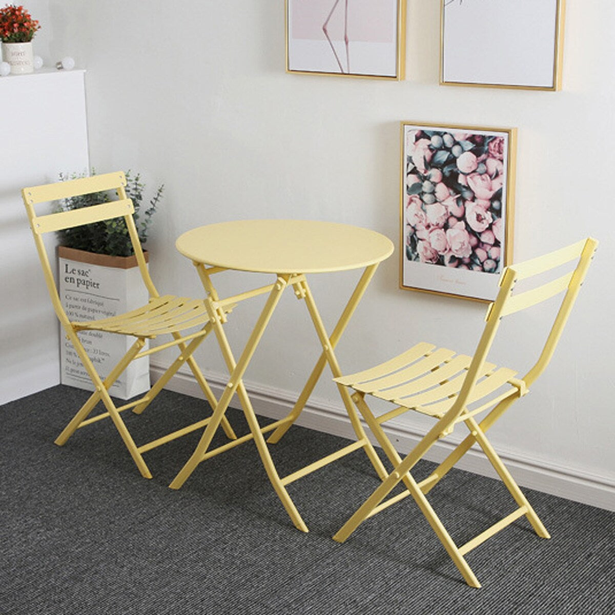 Ensemble de bistro de terrasse minimaliste 3 pièces, composé d'une table ronde et de chaises pliantes - Ensemble-de-bistro-de-terrasse-3-pieces