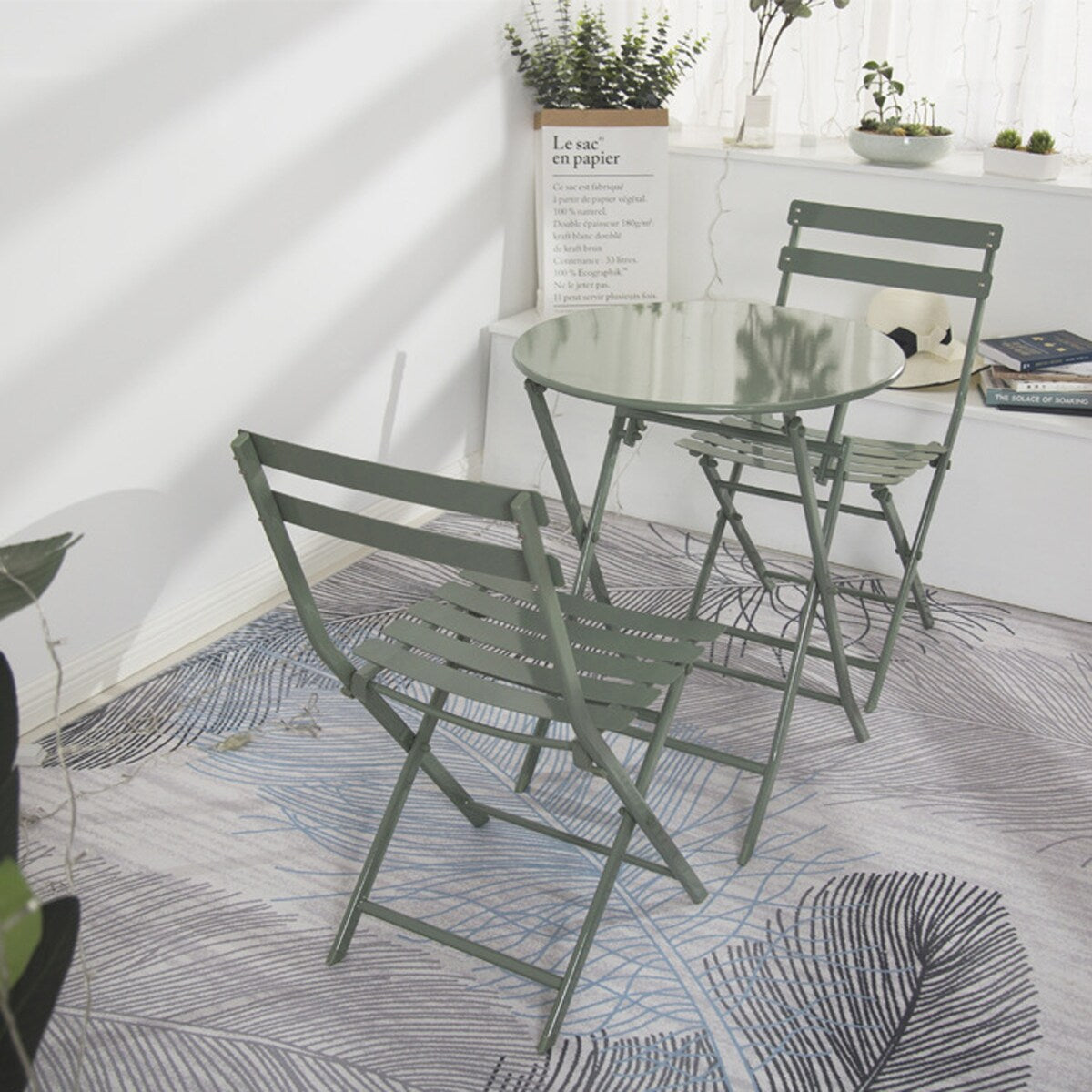 Ensemble de bistro de terrasse minimaliste 3 pièces, composé d'une table ronde et de chaises pliantes - Ensemble-de-bistro-de-terrasse-3-pieces
