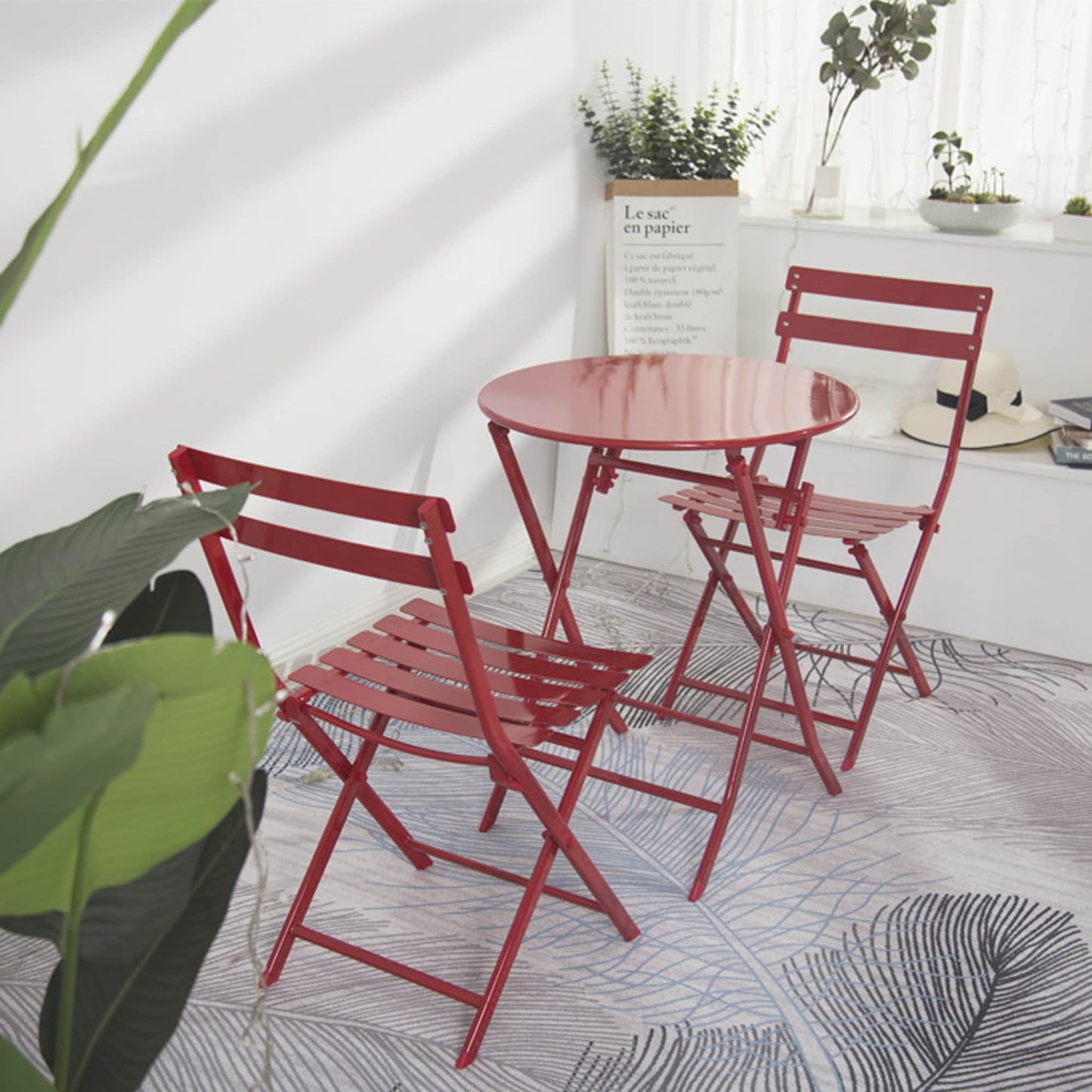 Ensemble de bistro de terrasse minimaliste 3 pièces, composé d'une table ronde et de chaises pliantes - Ensemble-de-bistro-de-terrasse-3-pieces