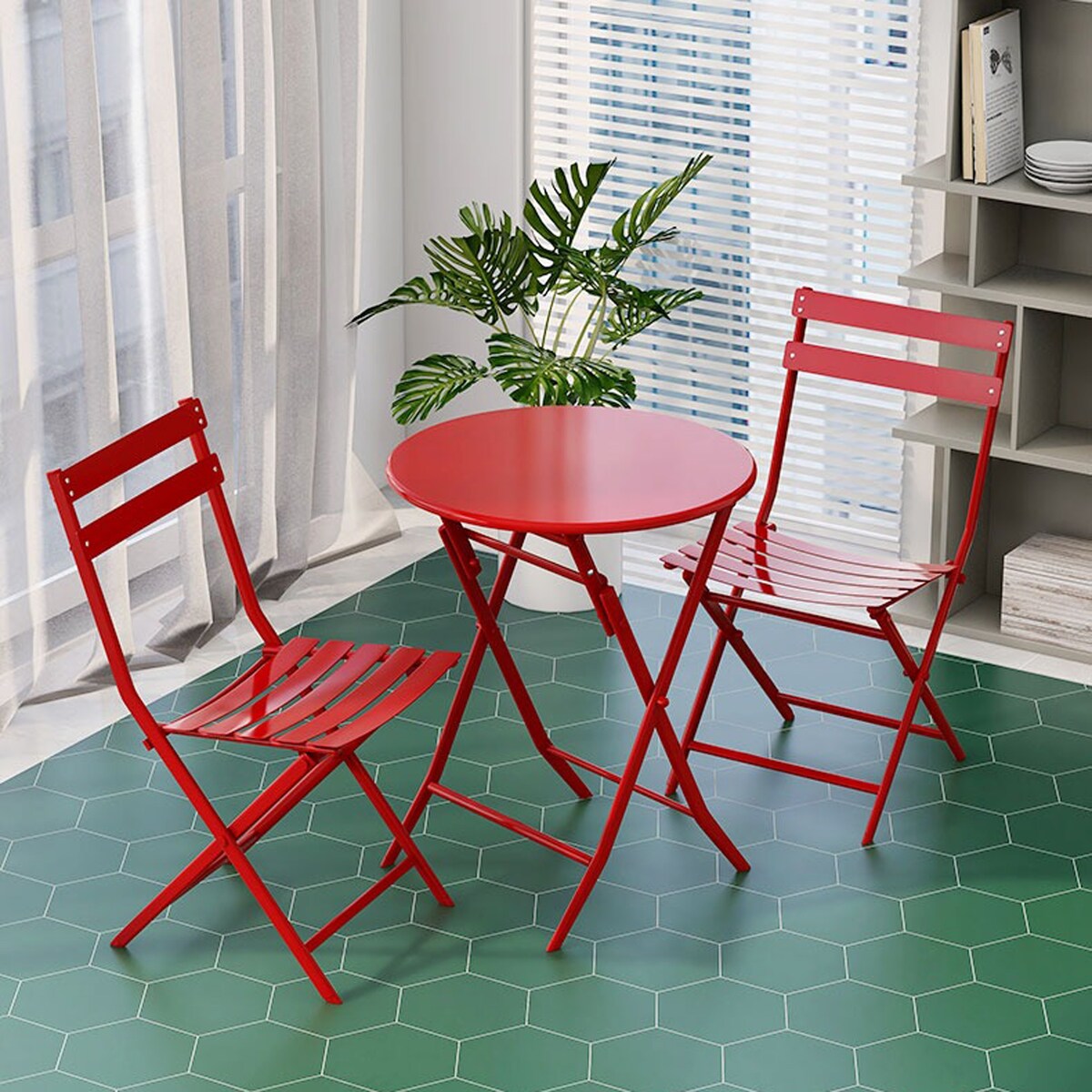 Ensemble de bistro de terrasse minimaliste 3 pièces, composé d'une table ronde et de chaises pliantes - Ensemble-de-bistro-de-terrasse-3-pieces