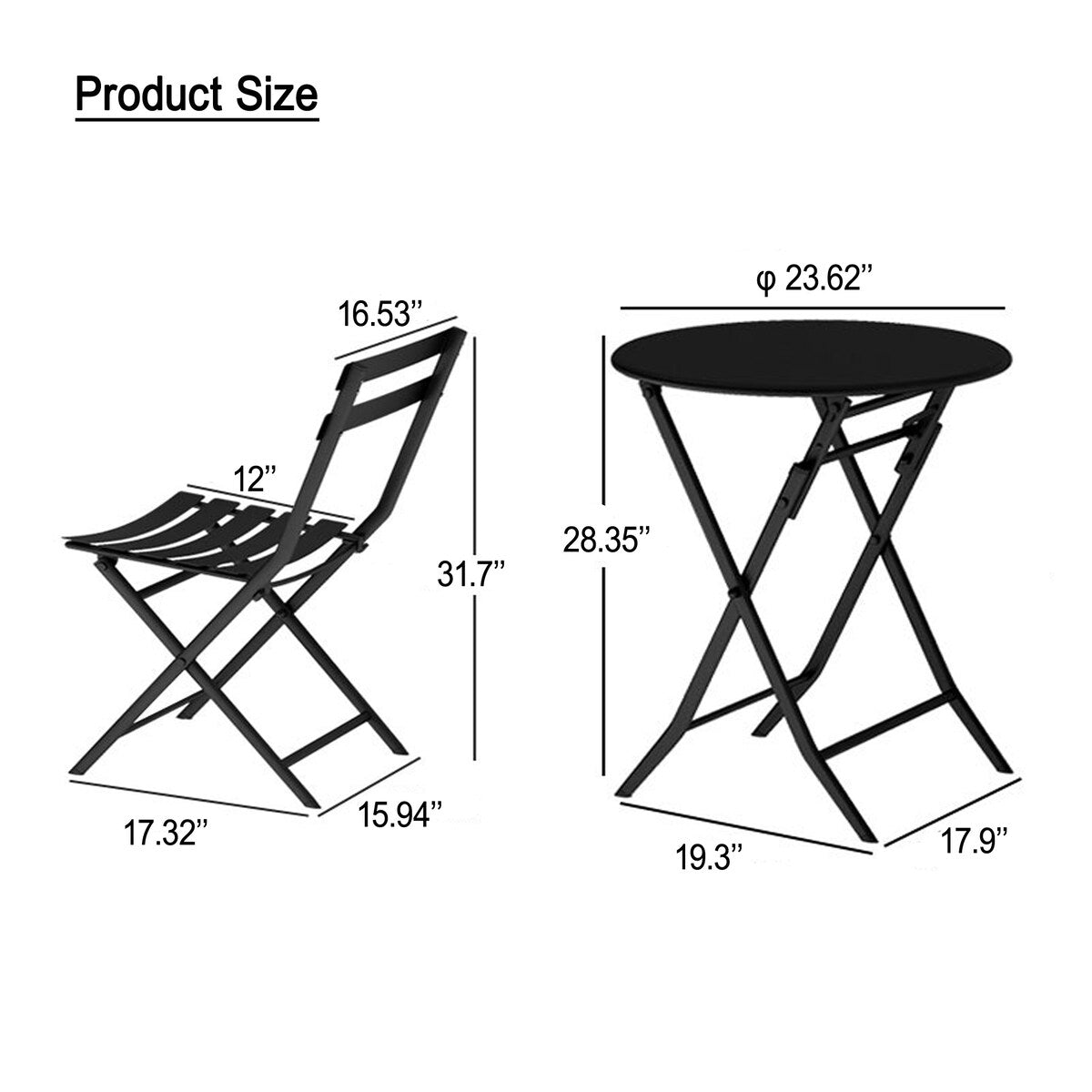 Ensemble de bistro de terrasse minimaliste 3 pièces, composé d'une table ronde et de chaises pliantes - Ensemble-de-bistro-de-terrasse-3-pieces