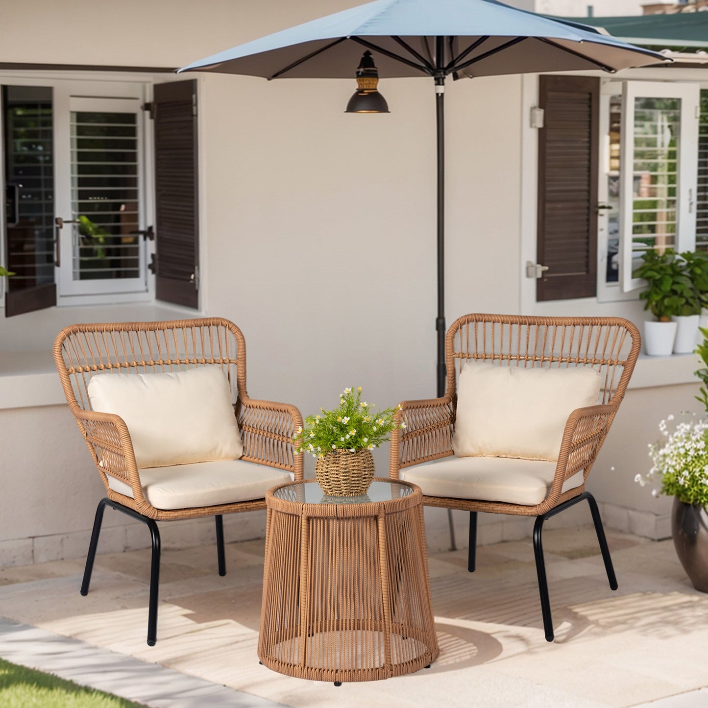 Ensemble de bistro en osier tressé pour extérieur, 3 pièces, ensemble de chaises de patio en rotin résistant aux intempéries avec coussins.