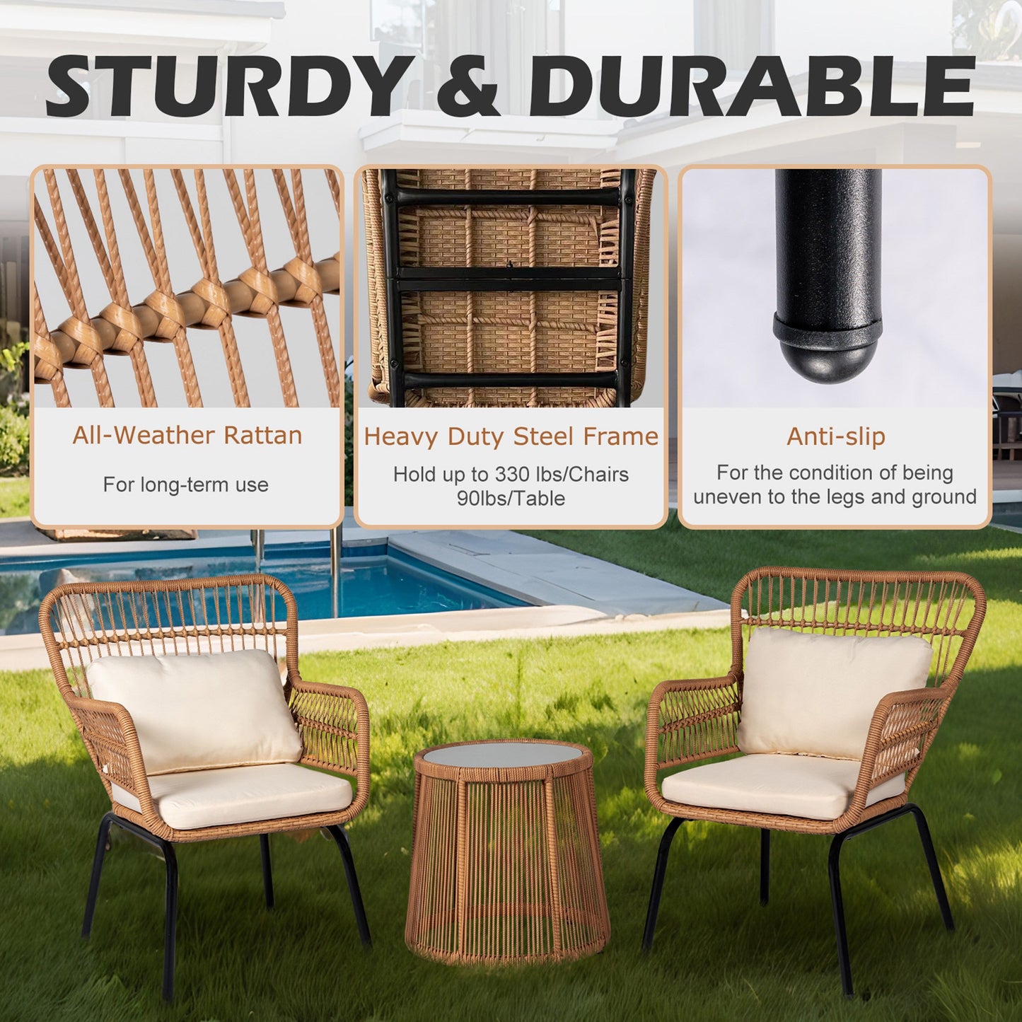 Ensemble de bistro en osier tressé pour extérieur, 3 pièces, ensemble de chaises de patio en rotin résistant aux intempéries avec coussins.