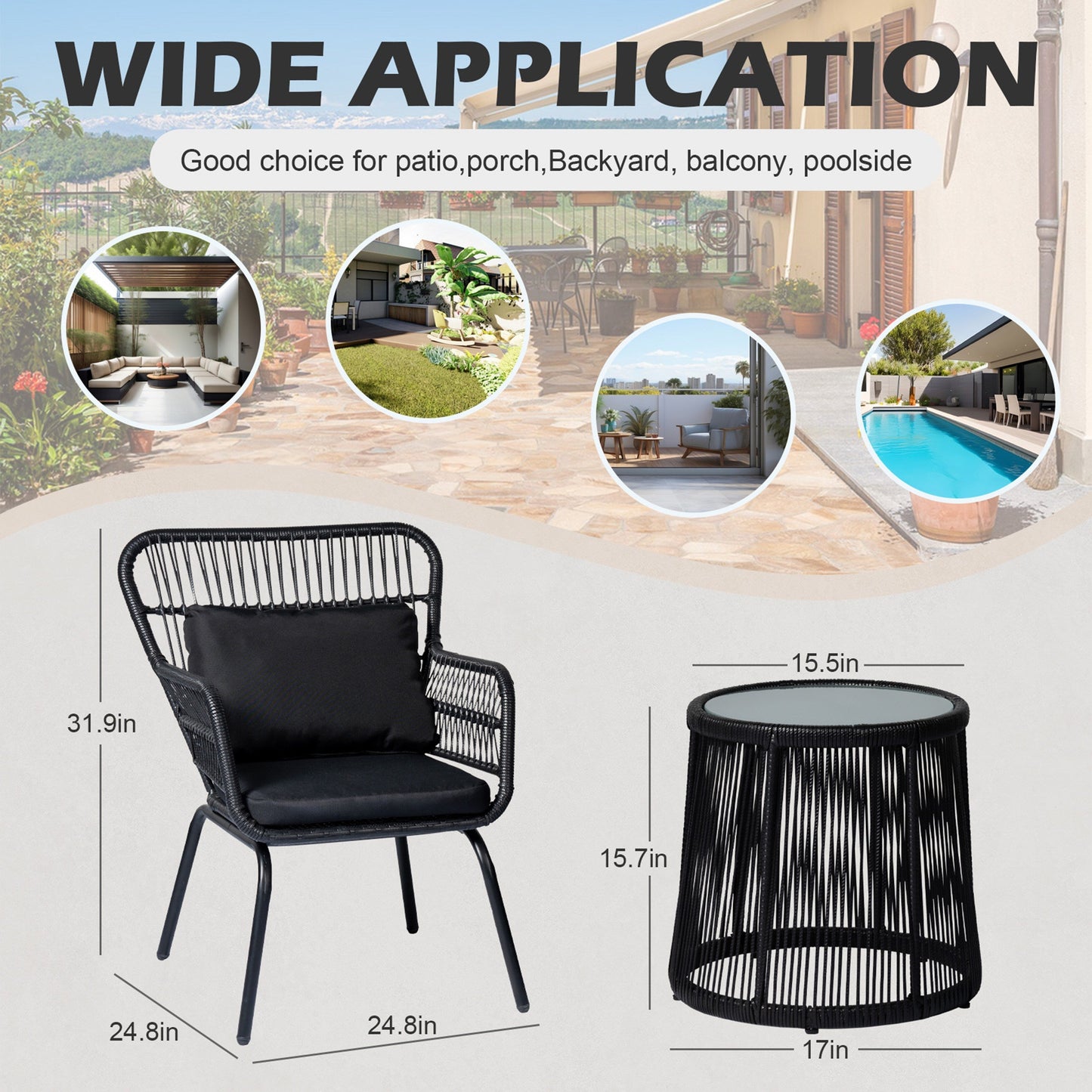 Ensemble de bistro en osier tressé pour extérieur, 3 pièces, ensemble de chaises de patio en rotin résistant aux intempéries avec coussins.