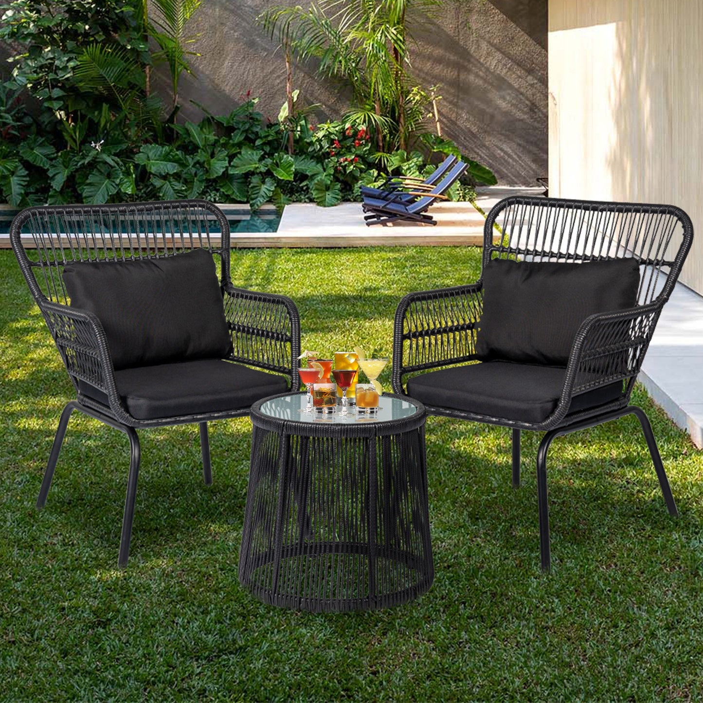 Ensemble de bistro en osier tressé pour extérieur, 3 pièces, ensemble de chaises de patio en rotin résistant aux intempéries avec coussins.