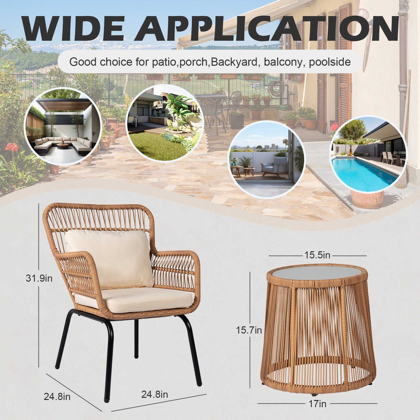 Ensemble de bistro en osier tressé pour extérieur, 3 pièces, ensemble de chaises de patio en rotin résistant aux intempéries avec coussins.