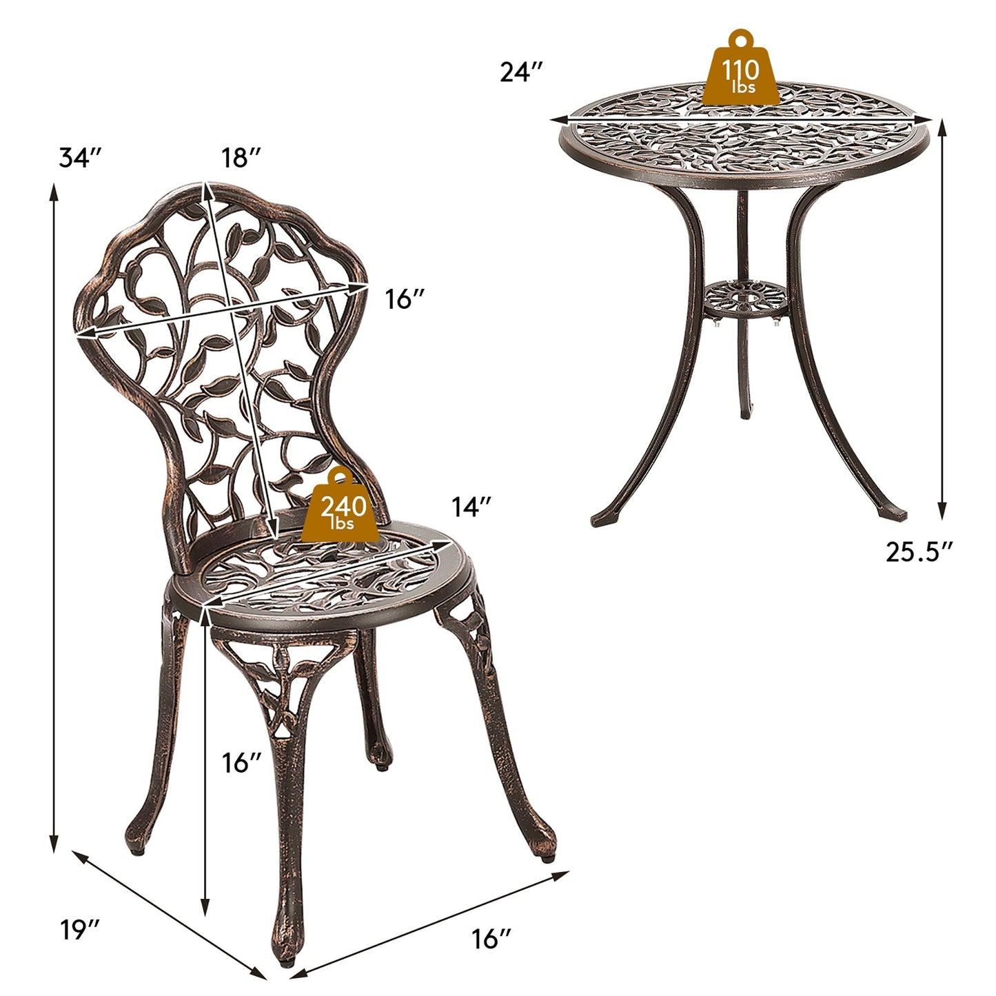 Ensemble de bistro d'extérieur 3 pièces, ensemble de meubles de patio, ensemble table et chaises