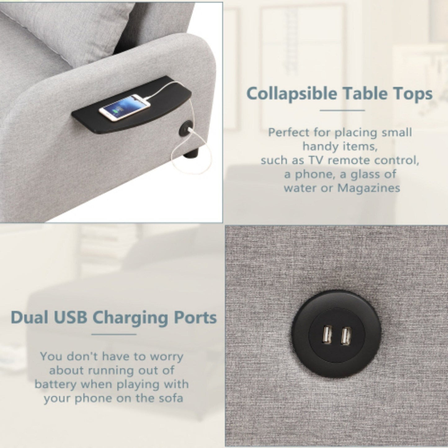 Canapé-lit 3-en-1 avec table d'appoint rabattable et ports USB de Harper&Bright Designs