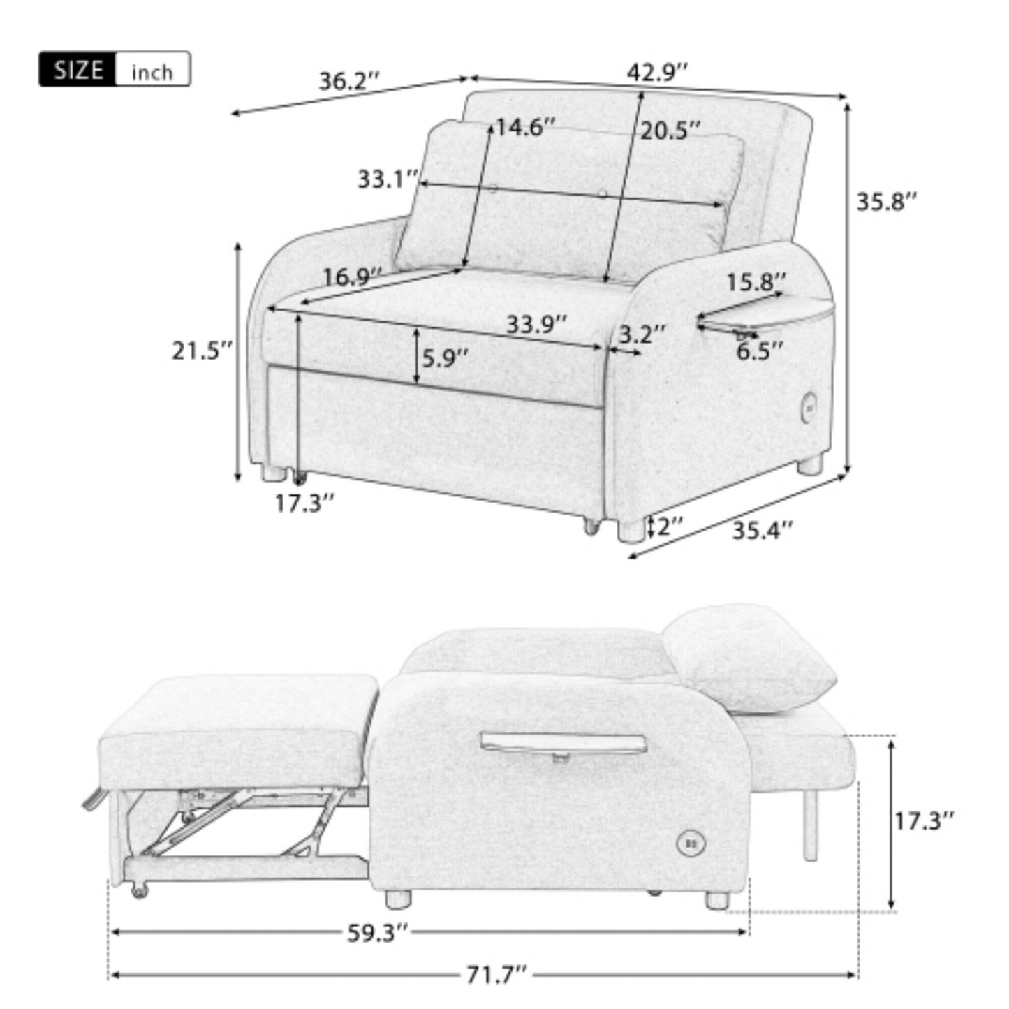 Canapé-lit 3-en-1 avec table d'appoint rabattable et ports USB de Harper&Bright Designs