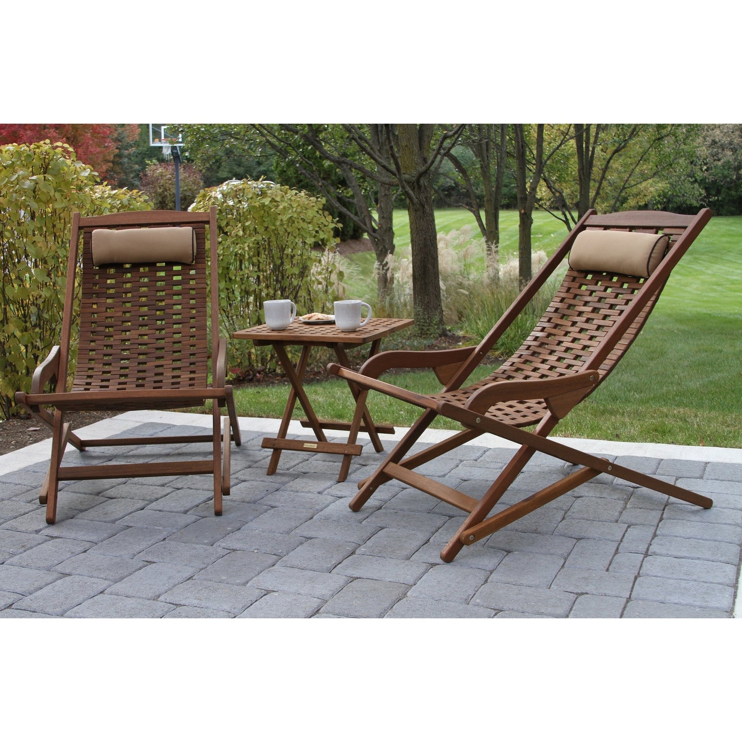 Ensemble de 3 pièces Eilaf, transat avec balançoire pliable en eucalyptus et table d'appoint