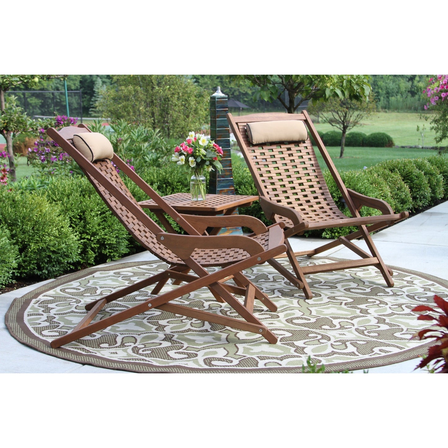Ensemble de 3 pièces Eilaf, transat avec balançoire pliable en eucalyptus et table d'appoint