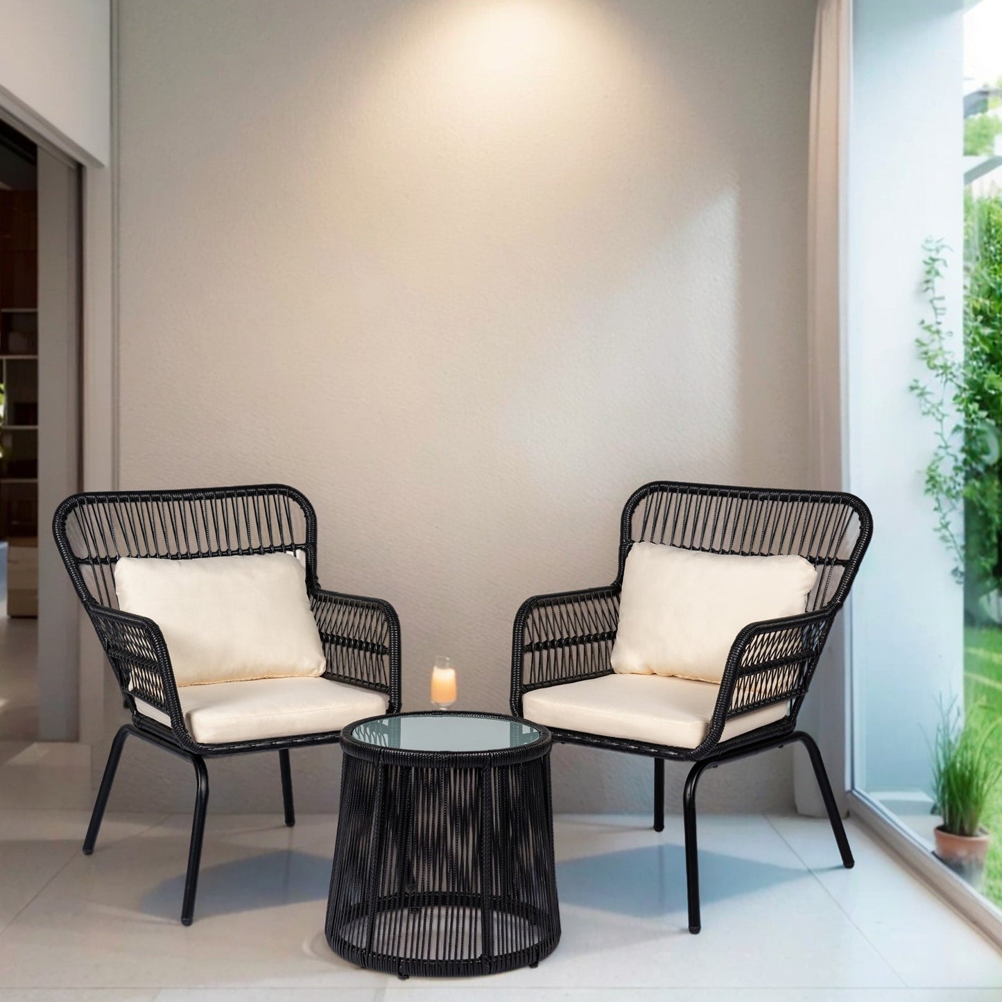 Ensemble de bistro en osier tressé pour extérieur, 3 pièces, ensemble de chaises de patio en rotin résistant aux intempéries avec coussins.