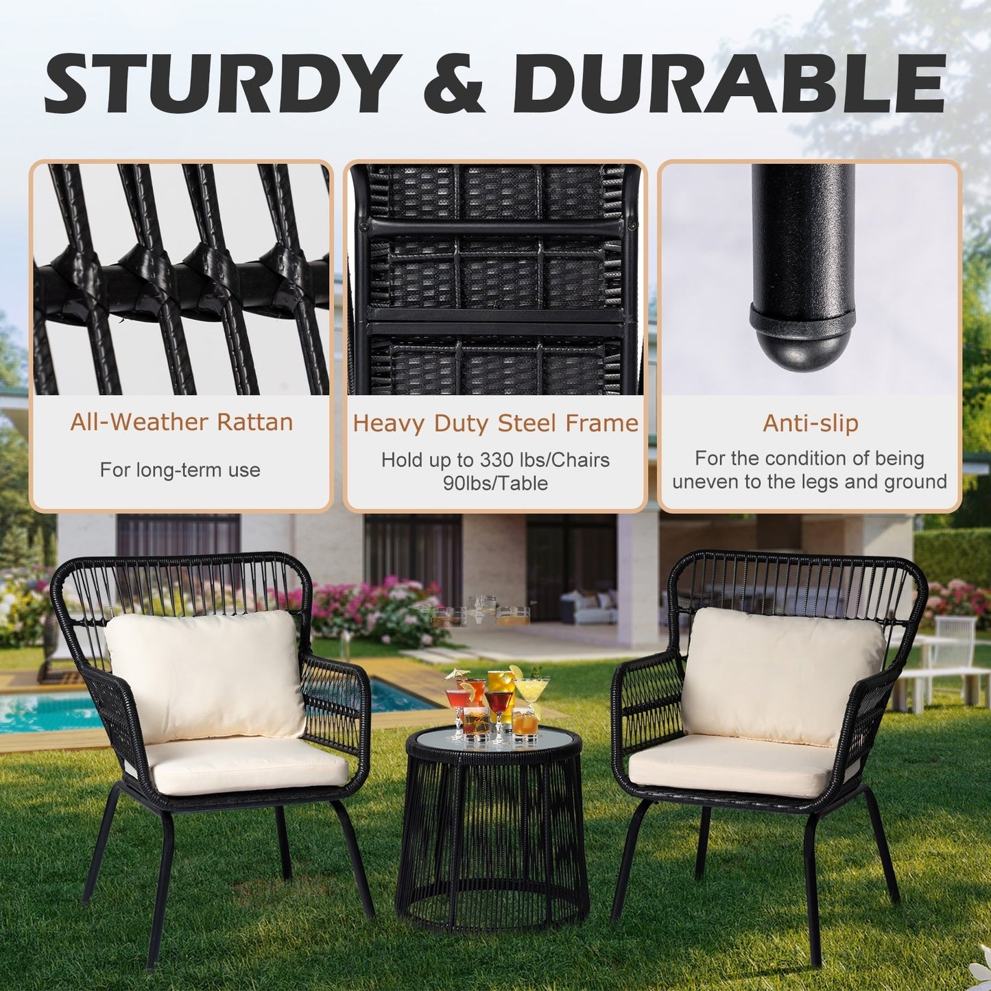 Ensemble de bistro en osier tressé pour extérieur, 3 pièces, ensemble de chaises de patio en rotin résistant aux intempéries avec coussins.