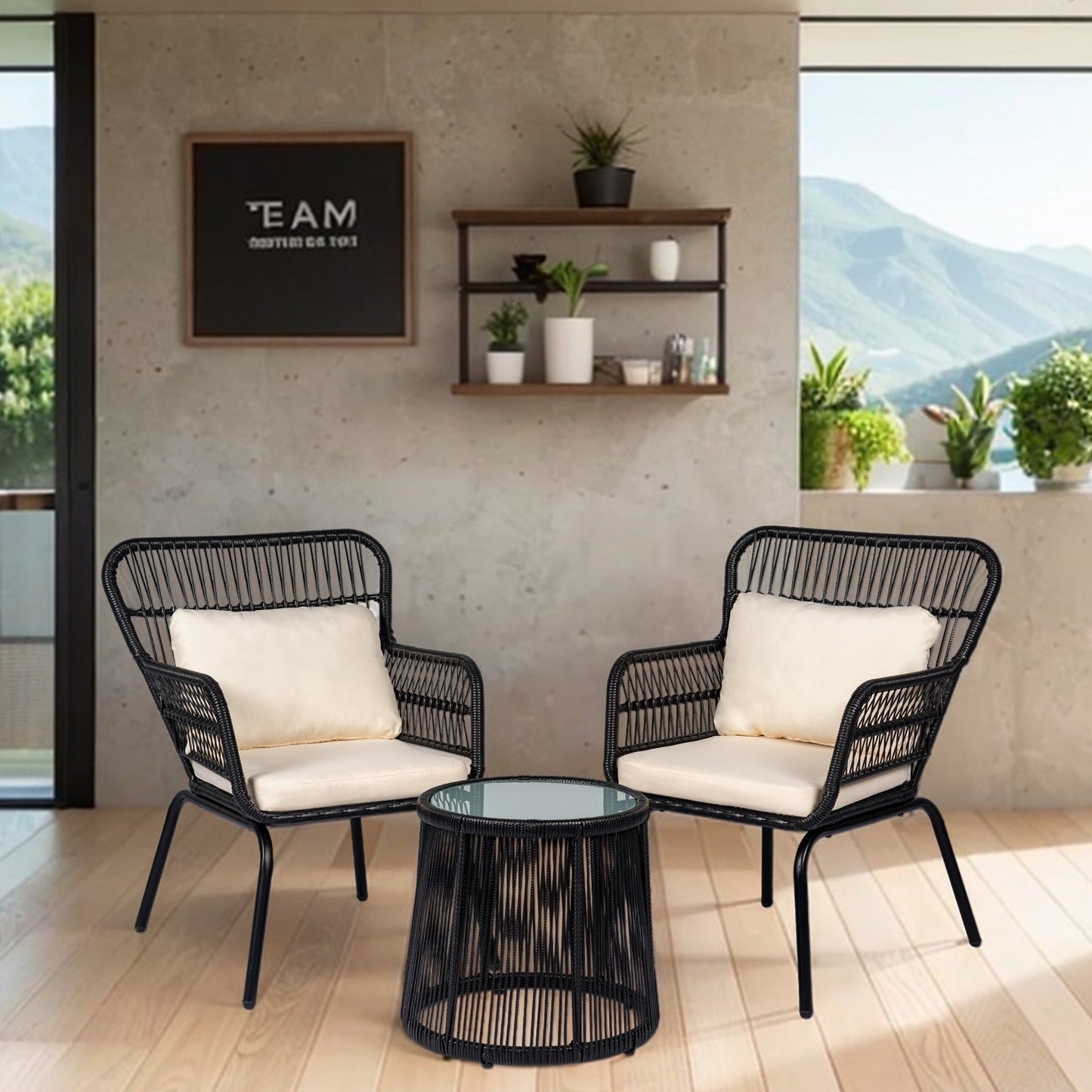 Ensemble de bistro en osier tressé pour extérieur, 3 pièces, ensemble de chaises de patio en rotin résistant aux intempéries avec coussins.