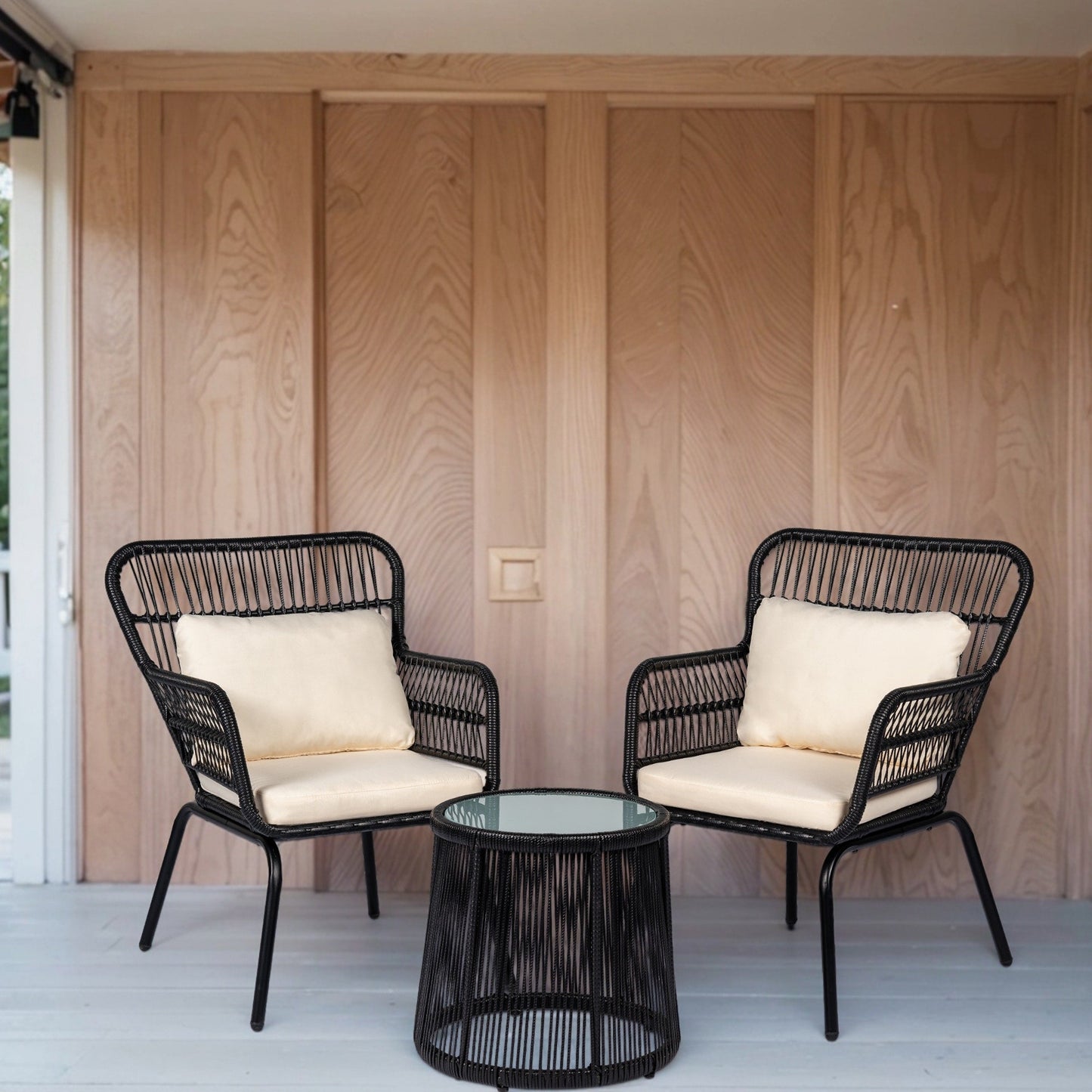 Ensemble de bistro en osier tressé pour extérieur, 3 pièces, ensemble de chaises de patio en rotin résistant aux intempéries avec coussins.