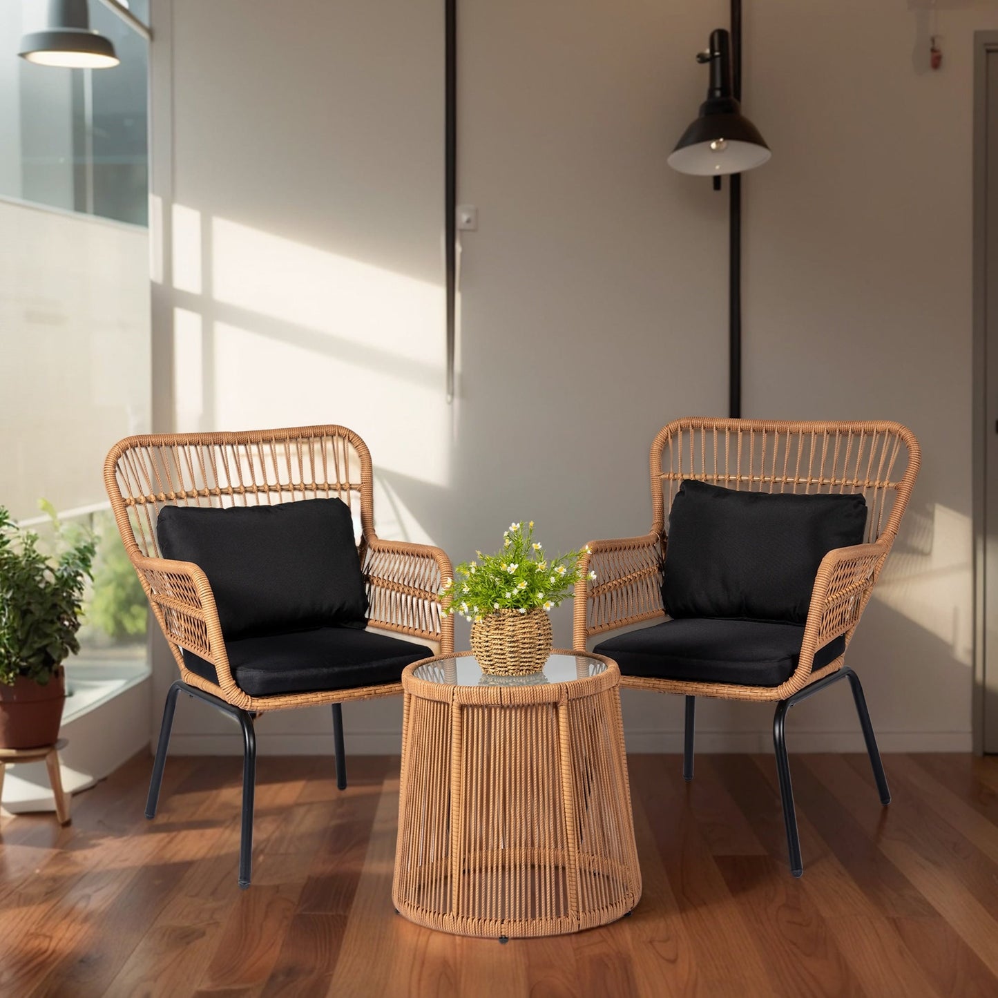 Ensemble de bistro en osier tressé pour extérieur, 3 pièces, ensemble de chaises de patio en rotin résistant aux intempéries avec coussins.