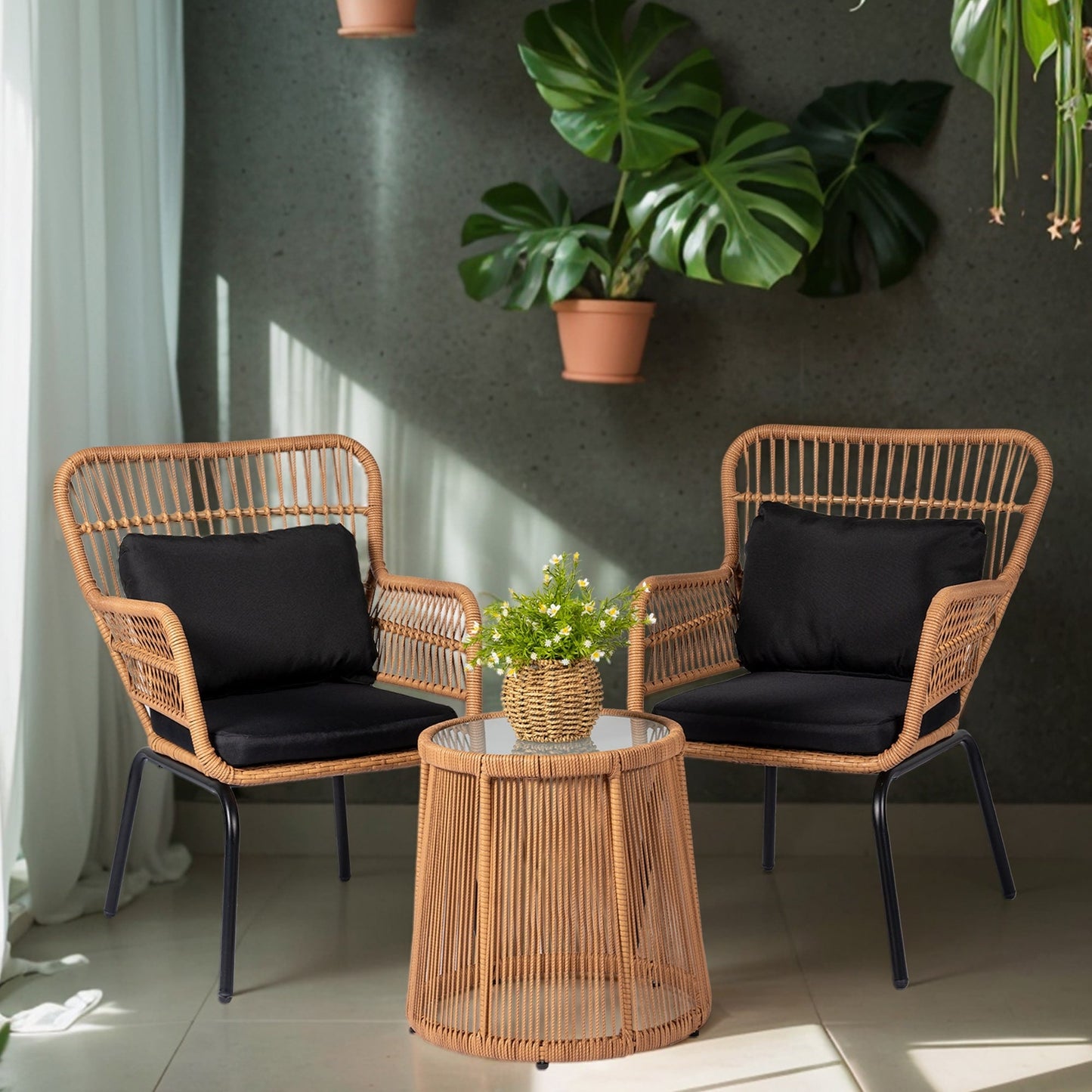 Ensemble de bistro en osier tressé pour extérieur, 3 pièces, ensemble de chaises de patio en rotin résistant aux intempéries avec coussins.
