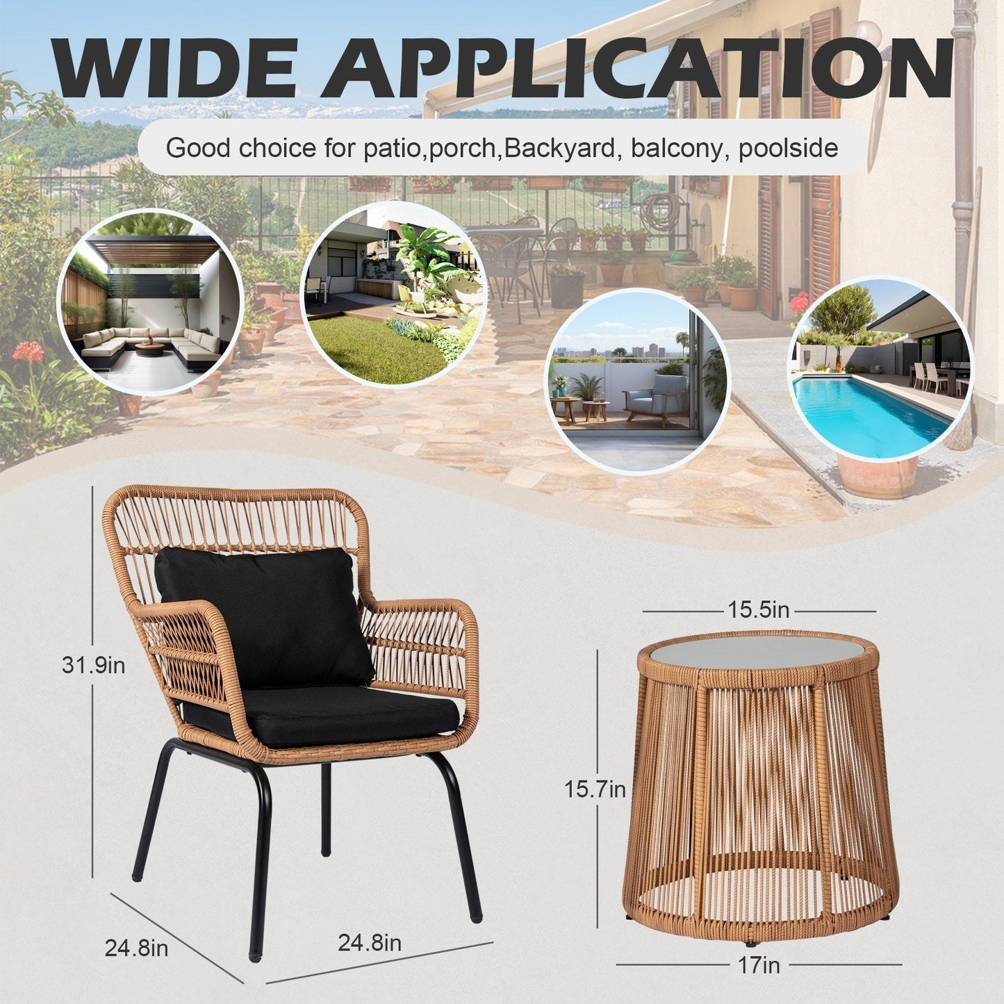 Ensemble de bistro en osier tressé pour extérieur, 3 pièces, ensemble de chaises de patio en rotin résistant aux intempéries avec coussins.