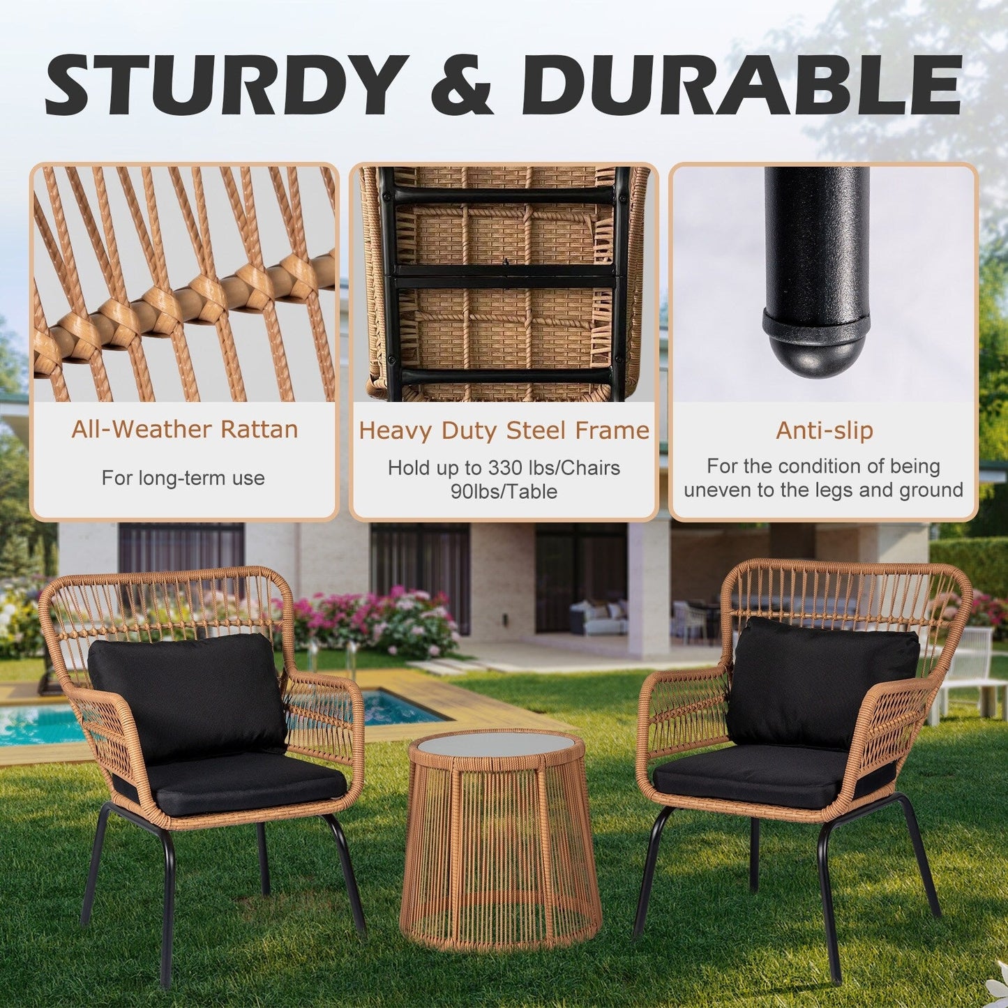 Ensemble de bistro en osier tressé pour extérieur, 3 pièces, ensemble de chaises de patio en rotin résistant aux intempéries avec coussins.