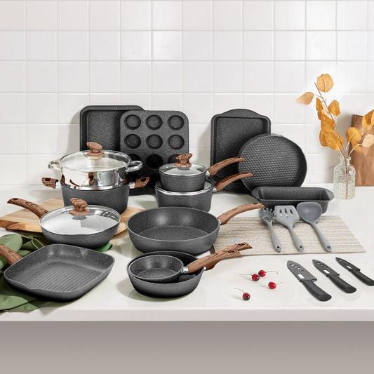 Ensemble de 30 pièces pour cuisine, ustensiles de cuisine et de pâtisserie en granit, ensemble de casseroles et poêles antiadhésives.