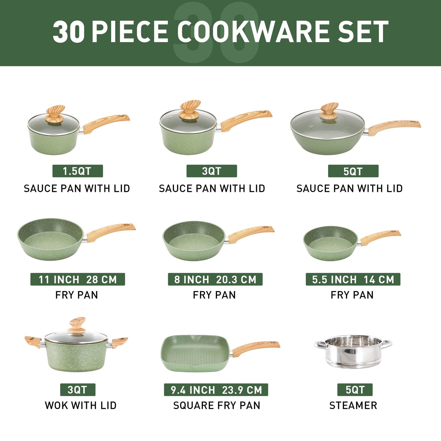 Ensemble de 30 pièces pour cuisine, ustensiles de cuisine et de pâtisserie en granit, ensemble de casseroles et poêles antiadhésives.