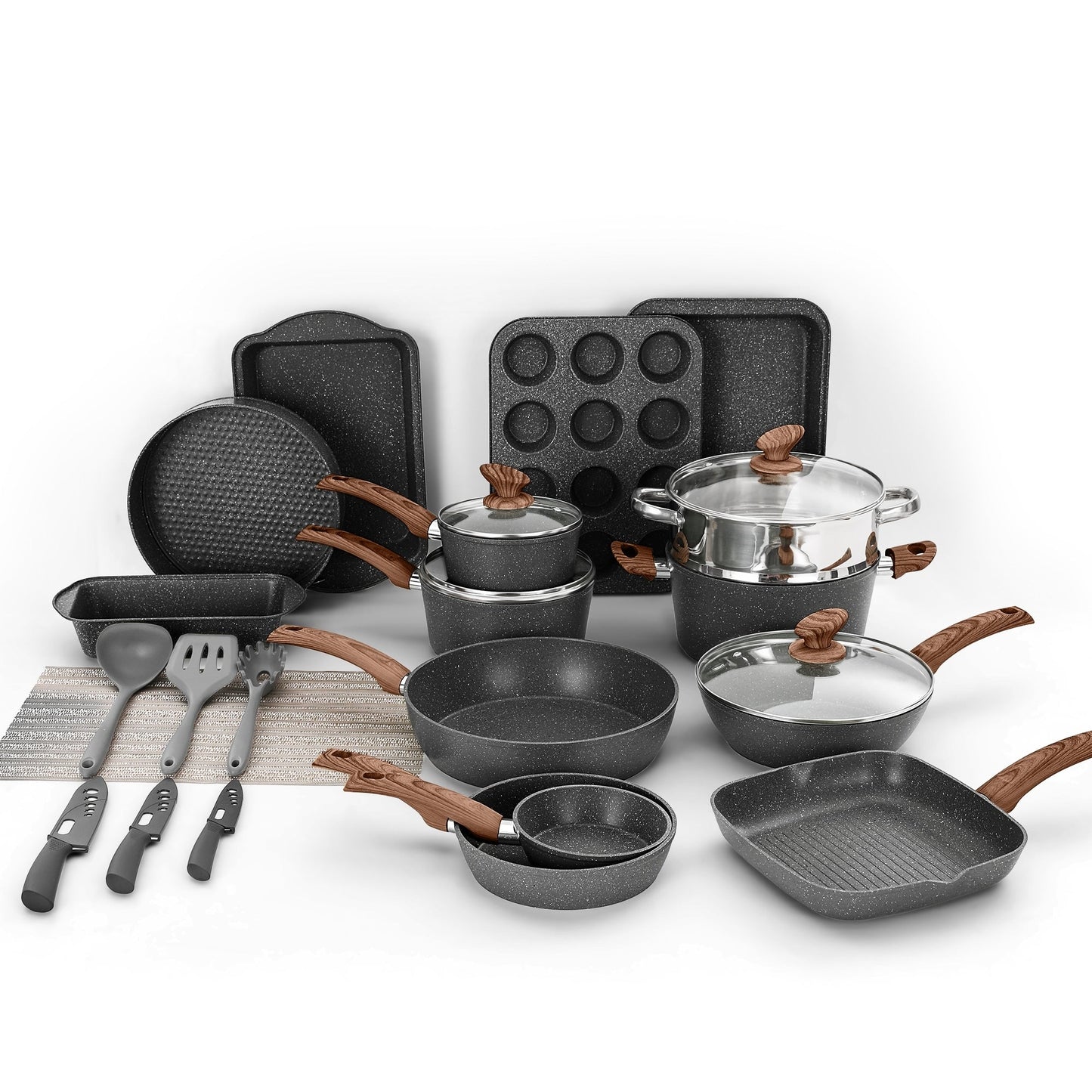 Ensemble de 30 pièces pour cuisine, ustensiles de cuisine et de pâtisserie en granit, ensemble de casseroles et poêles antiadhésives.