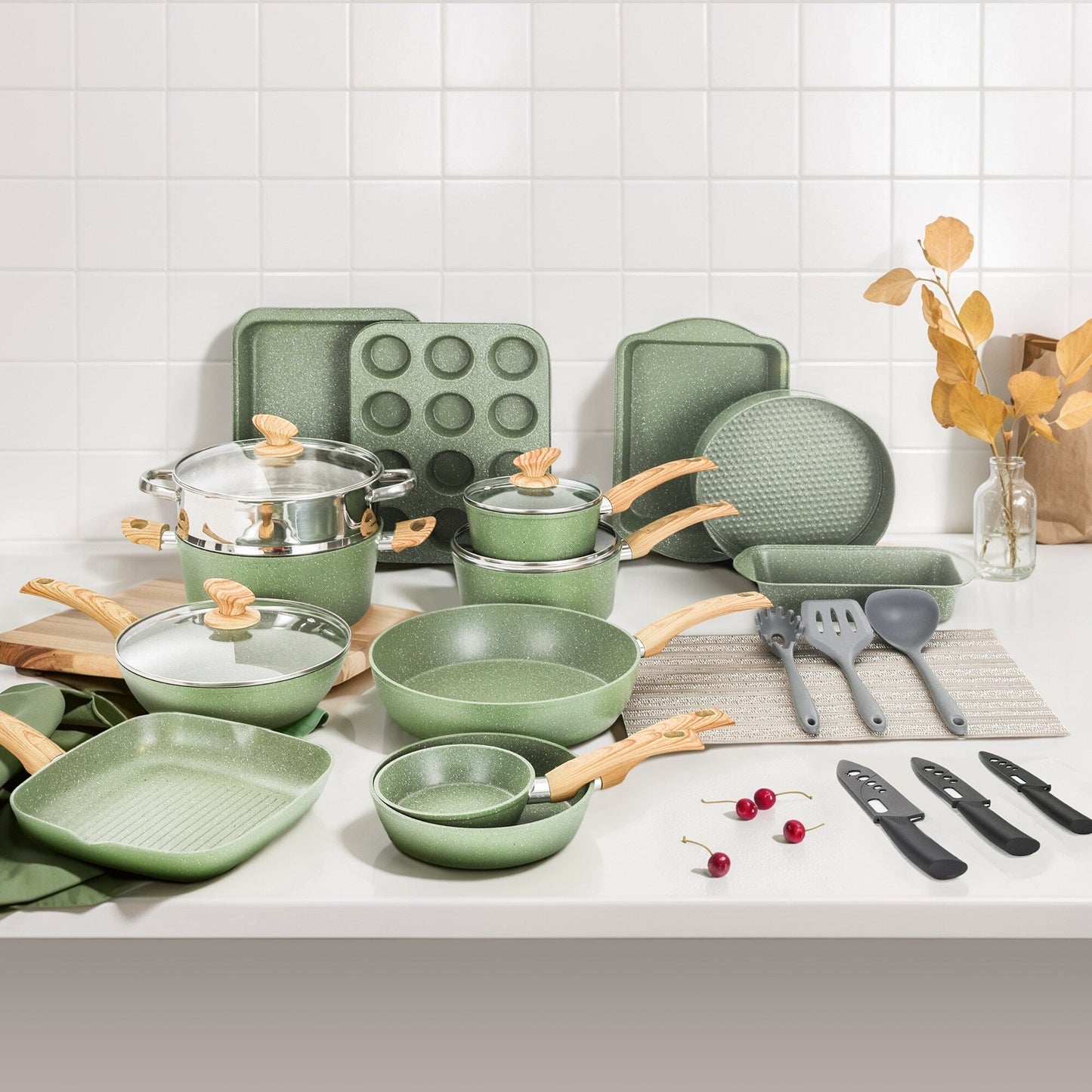 Ensemble de 30 pièces pour cuisine, ustensiles de cuisine et de pâtisserie en granit, ensemble de casseroles et poêles antiadhésives.