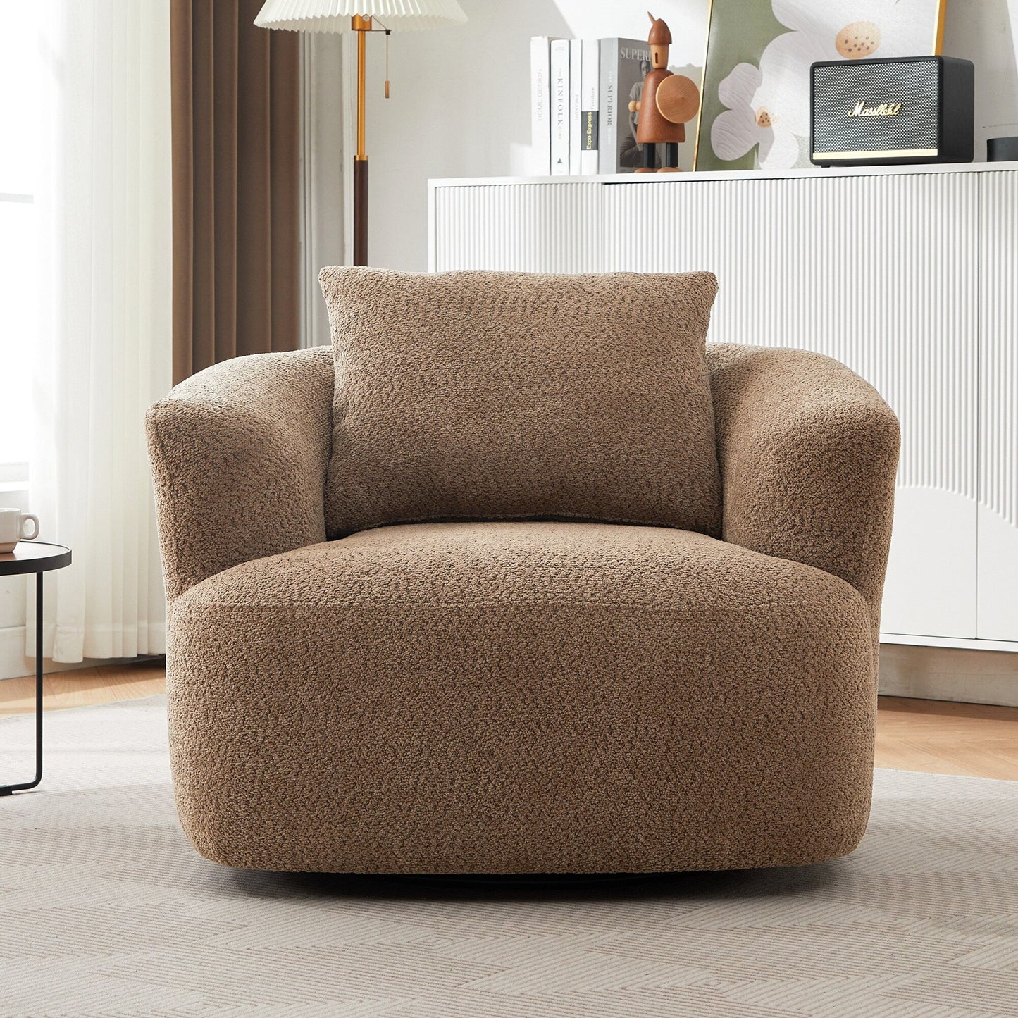 Chaise pivotante à 360°, chaise d'appoint en boucle de 38,2 pouces avec coussin décoratif, chaise de canapé en forme de tonneau avec accoudoirs incurvés.