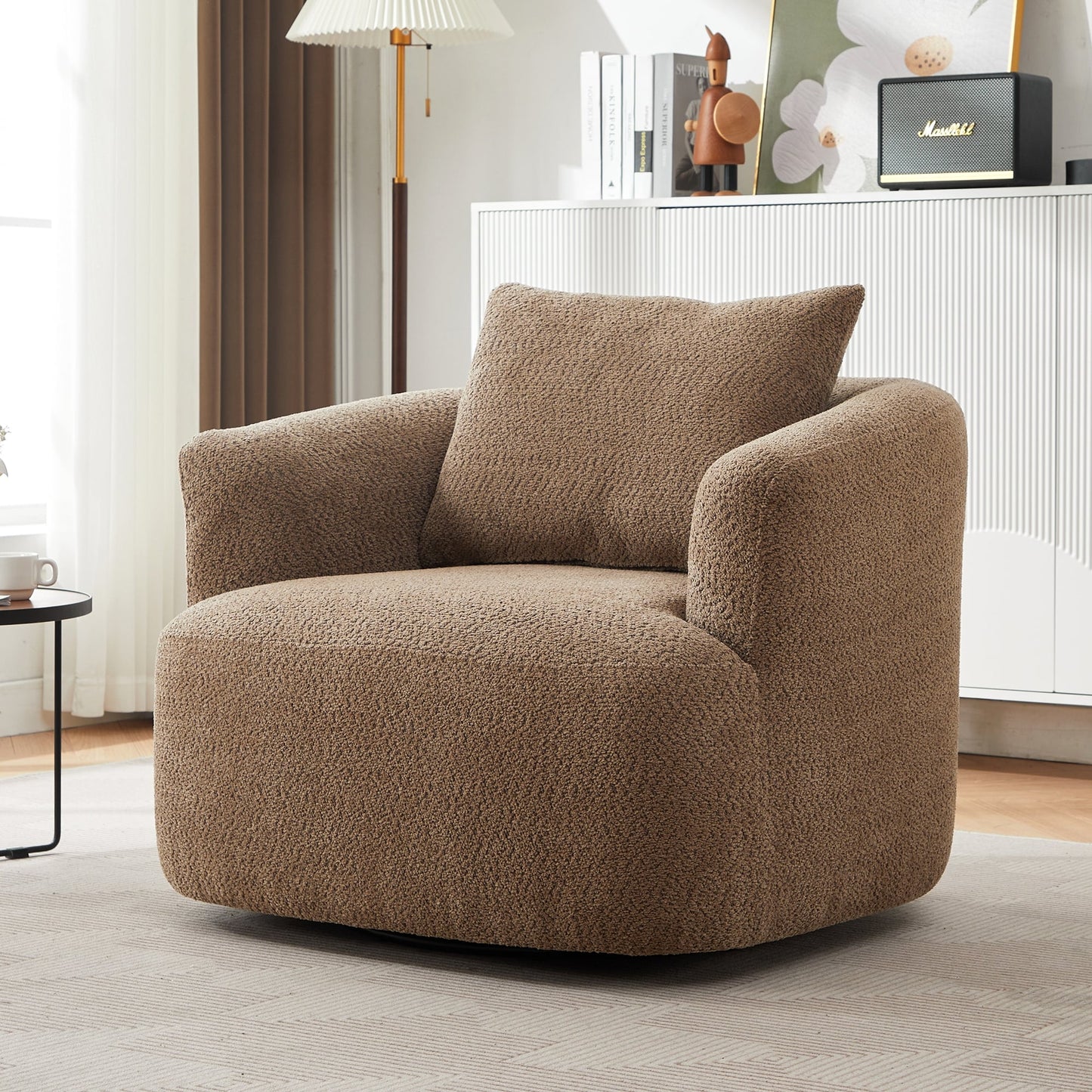Chaise pivotante à 360°, chaise d'appoint en boucle de 38,2 pouces avec coussin décoratif, chaise de canapé en forme de tonneau avec accoudoirs incurvés.