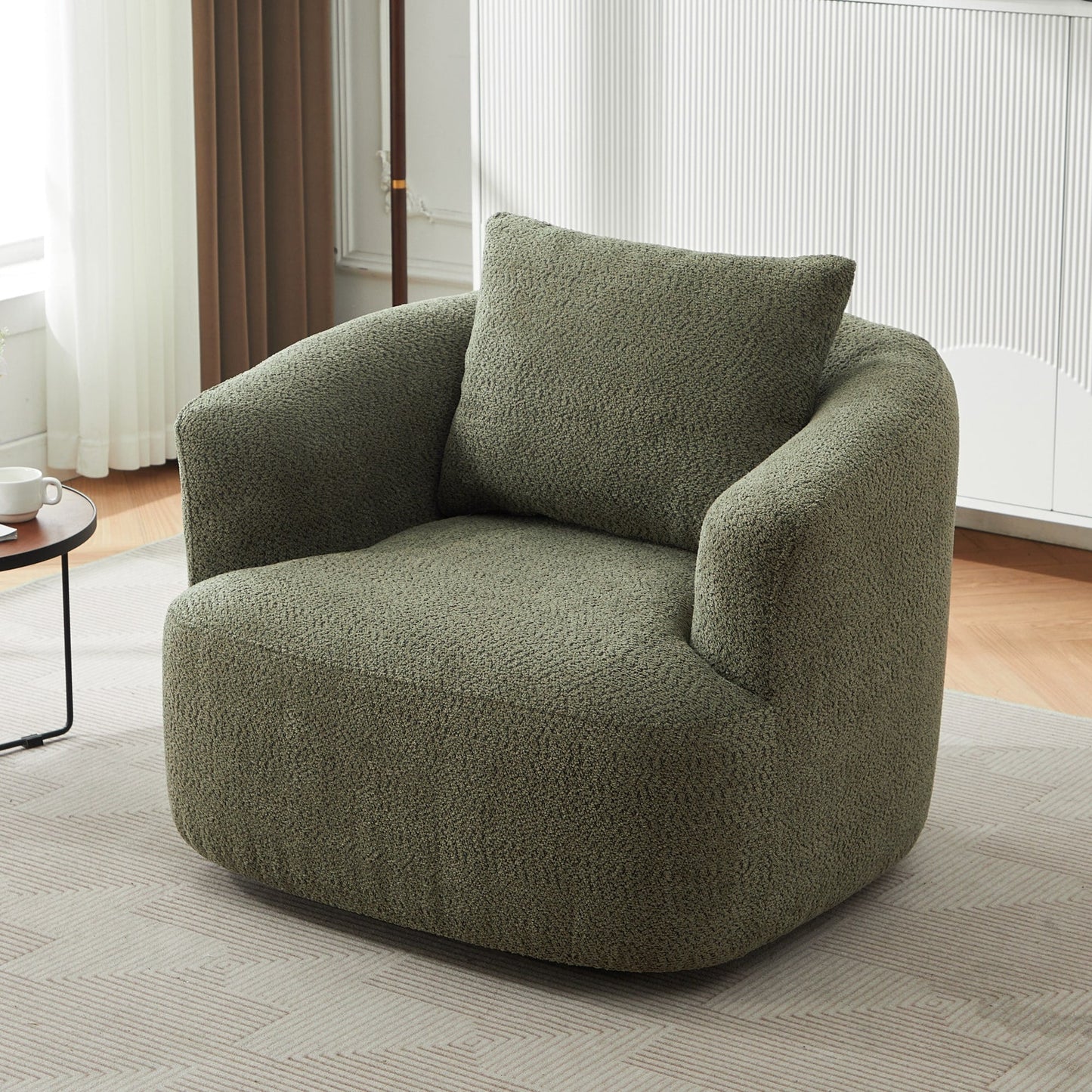 Chaise pivotante à 360°, chaise d'appoint en boucle de 38,2 pouces avec coussin décoratif, chaise de canapé en forme de tonneau avec accoudoirs incurvés.