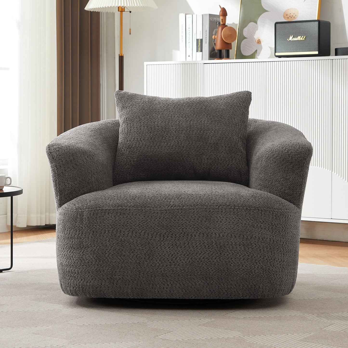 Chaise pivotante à 360°, chaise d'appoint en boucle de 38,2 pouces avec coussin décoratif, chaise de canapé en forme de tonneau avec accoudoirs incurvés.
